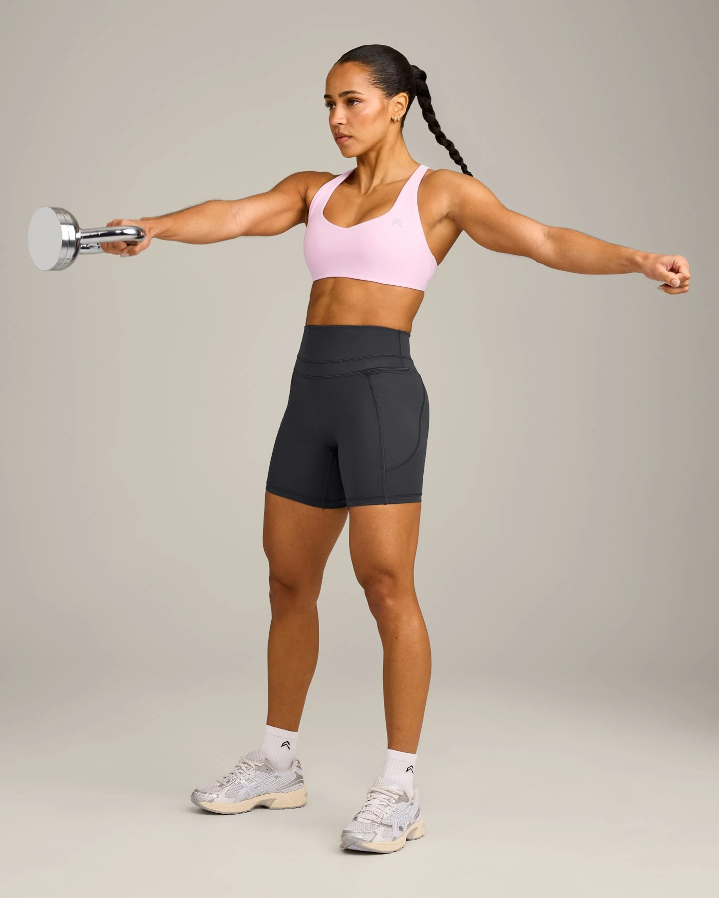 EasyLift™ Cross Back Sports Bra with Grey Logo | Chalk Pink - Image 3