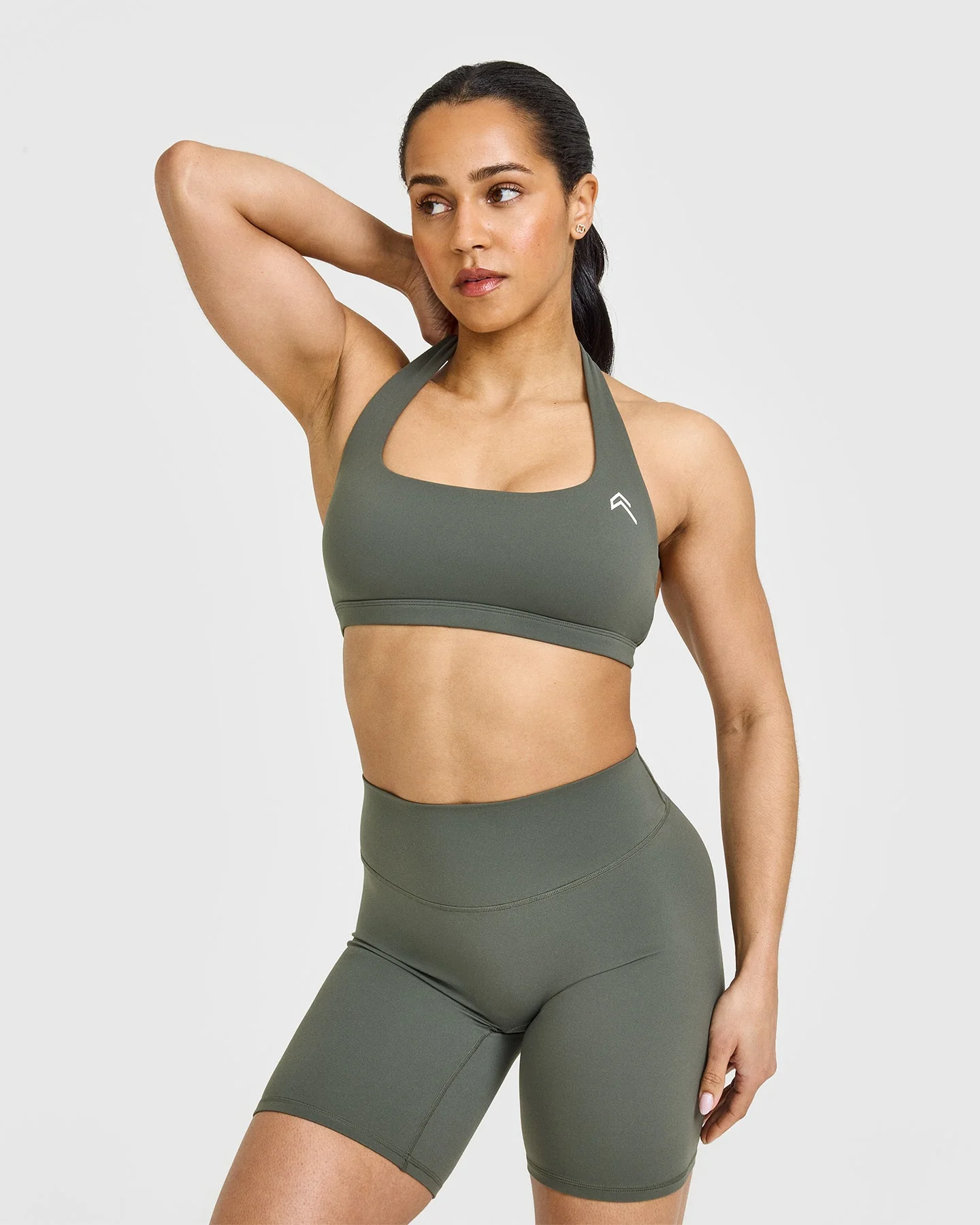 EasyLift™ Halter Bralette with White Logo | Dark Khaki
