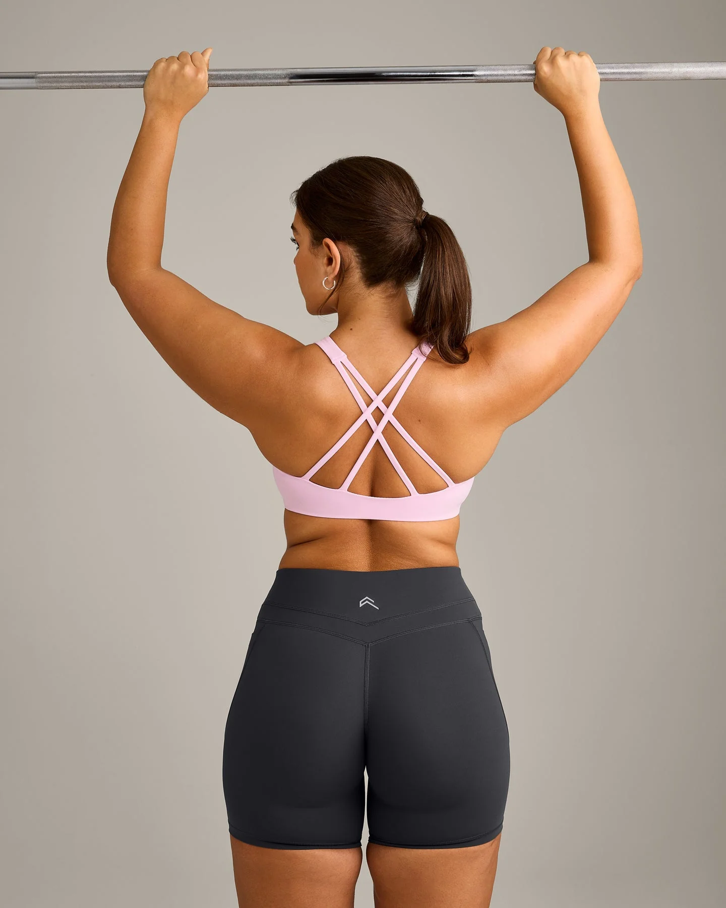 EasyLift™ High Neck Sports Bra with Grey Logo | Chalk Pink - Image 6