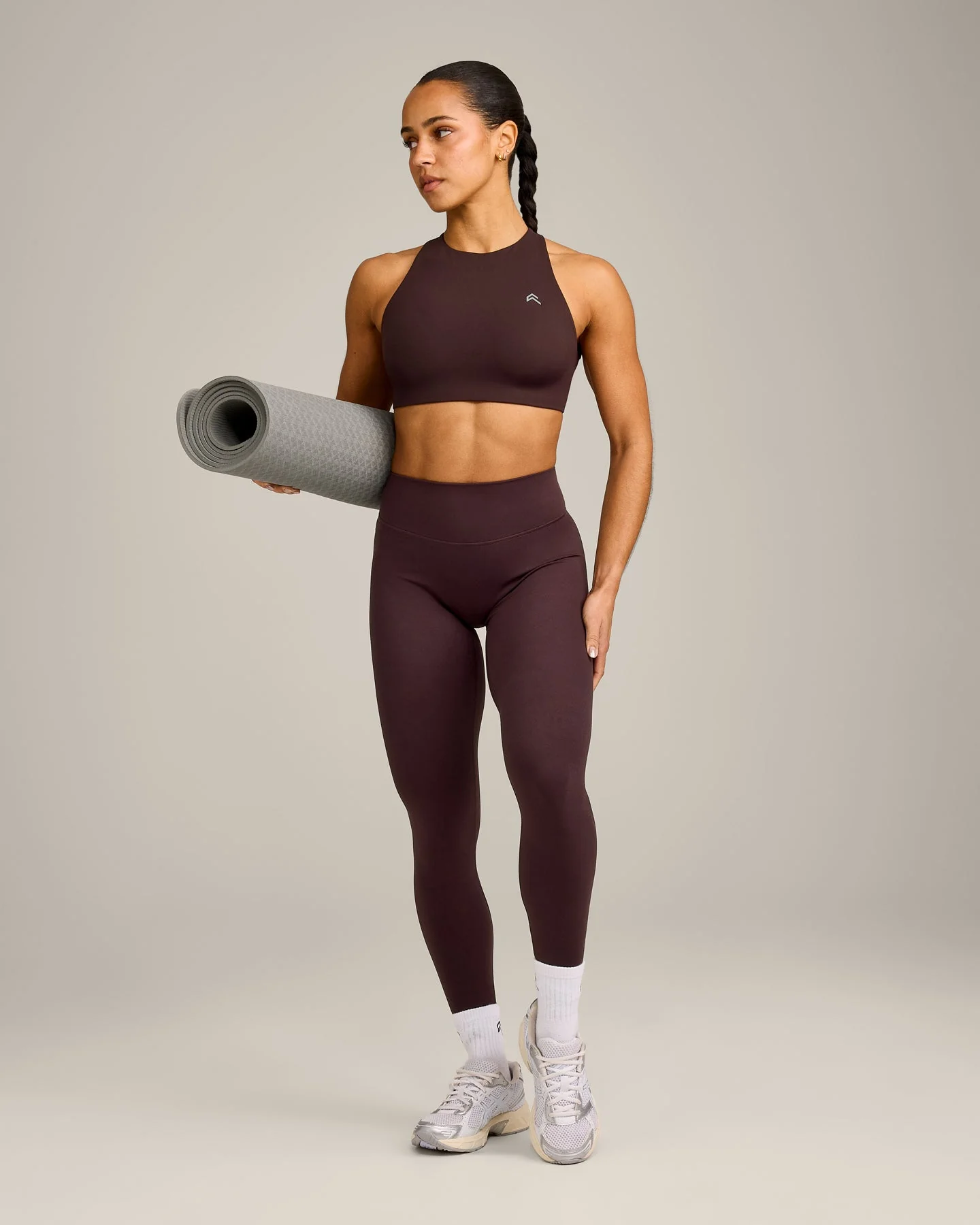 EasyLift™ High Neck Sports Bra with Grey Logo | Plum Brown - Image 3