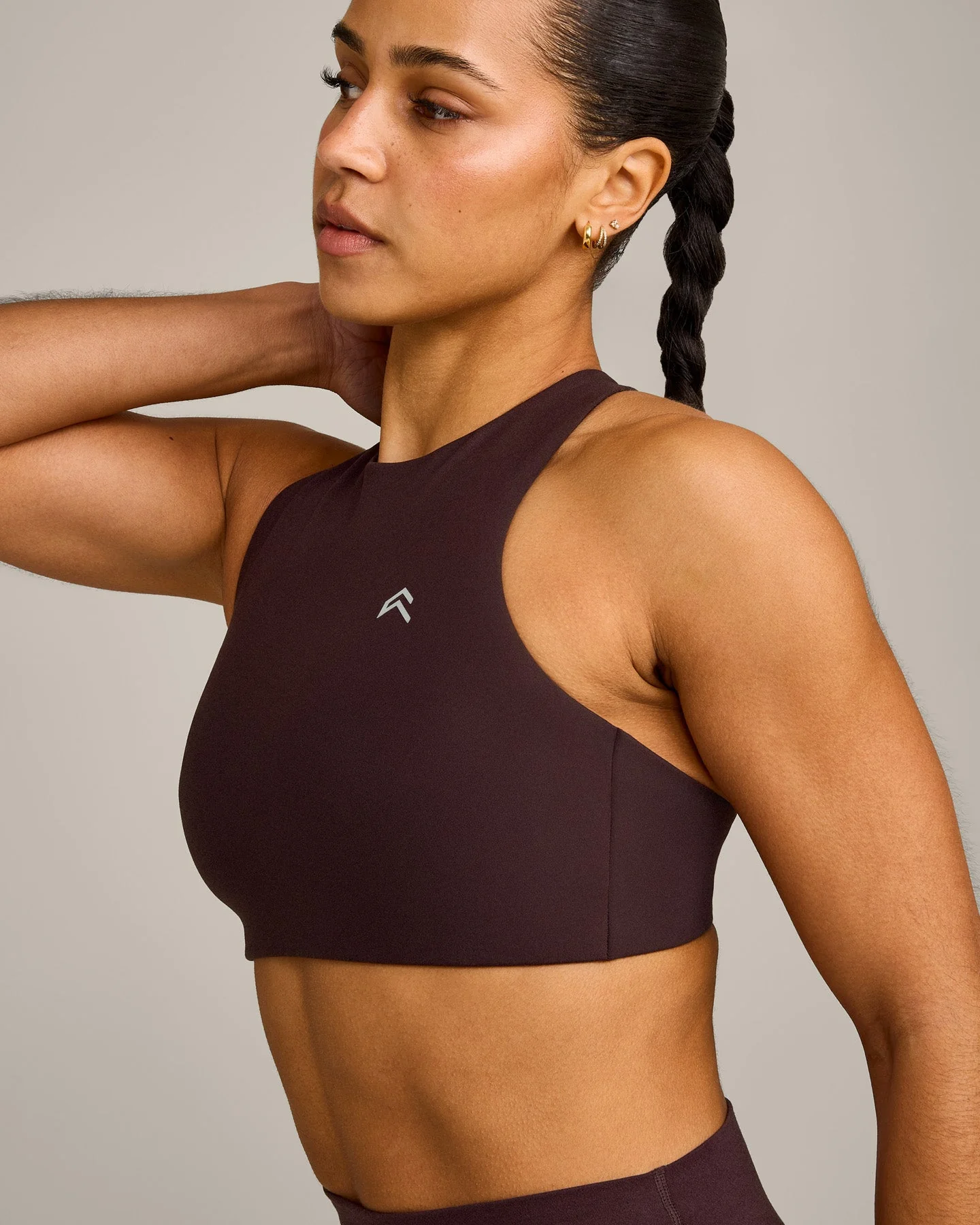 EasyLift™ High Neck Sports Bra with Grey Logo | Plum Brown - Image 5