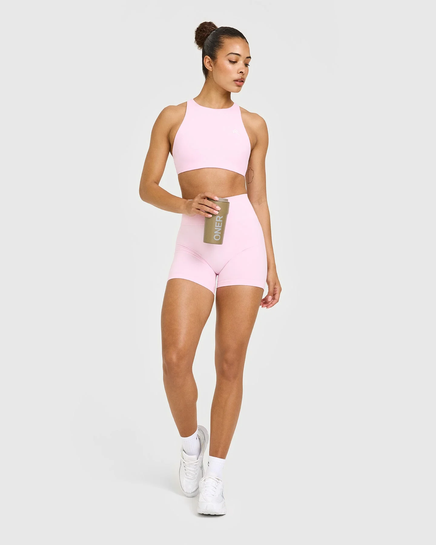 EasyLift™ High Neck Sports Bra with White Logo | Chalk Pink - Image 3