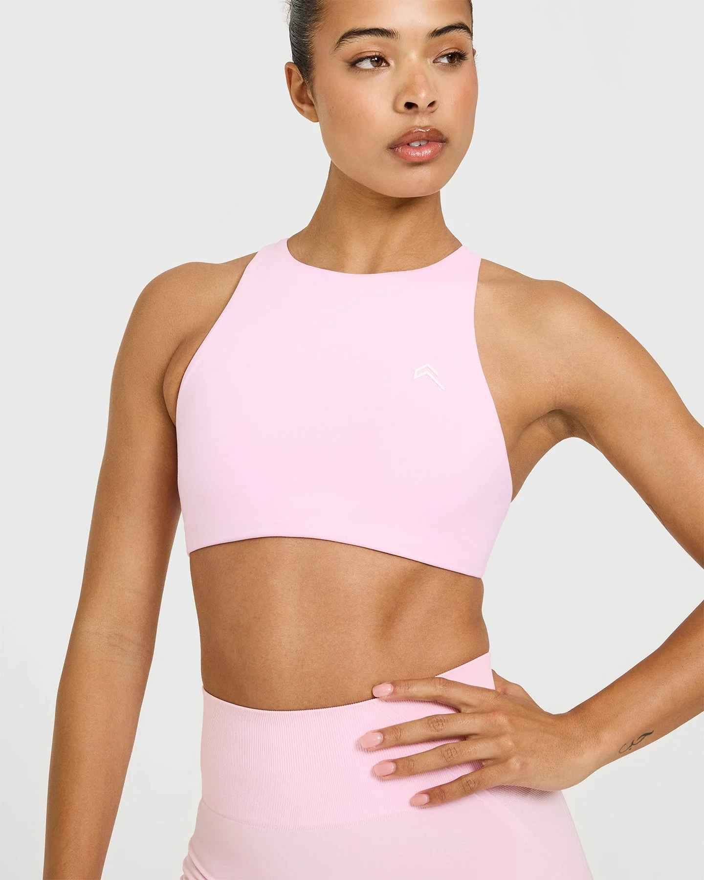 EasyLift™ High Neck Sports Bra with White Logo | Chalk Pink - Image 5