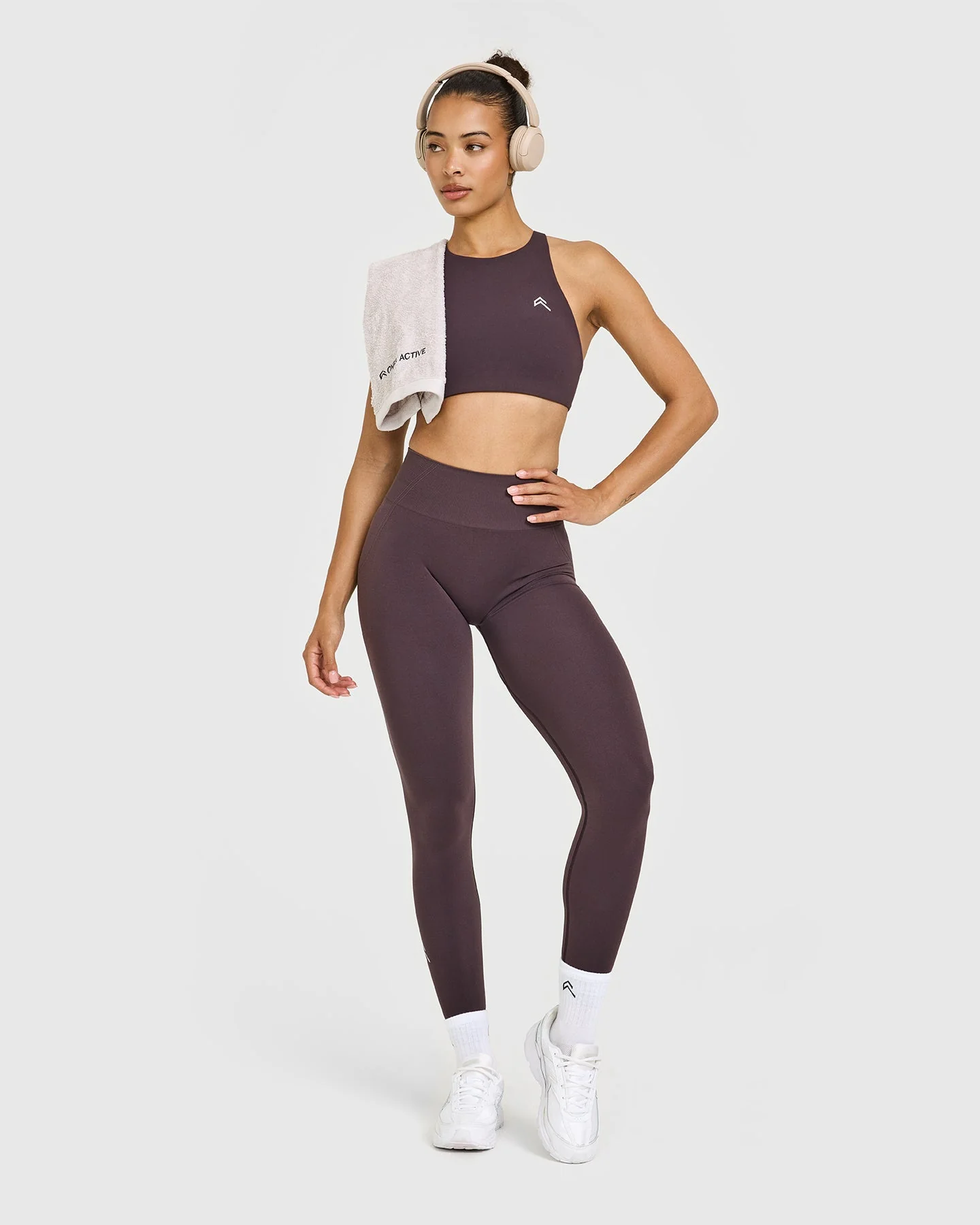 EasyLift™ High Neck Sports Bra with White Logo | Dark Umber Brown - Image 3