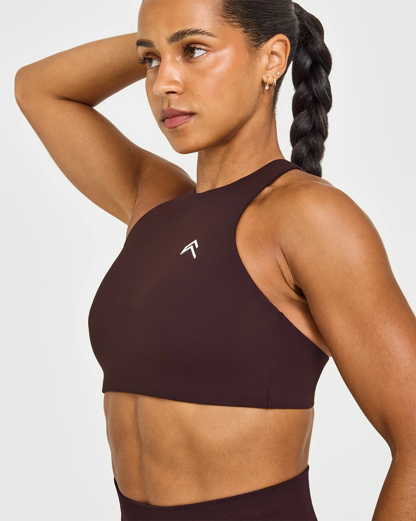 EasyLift™ High Neck Sports Bra with White Logo | Plum Brown - Image 5