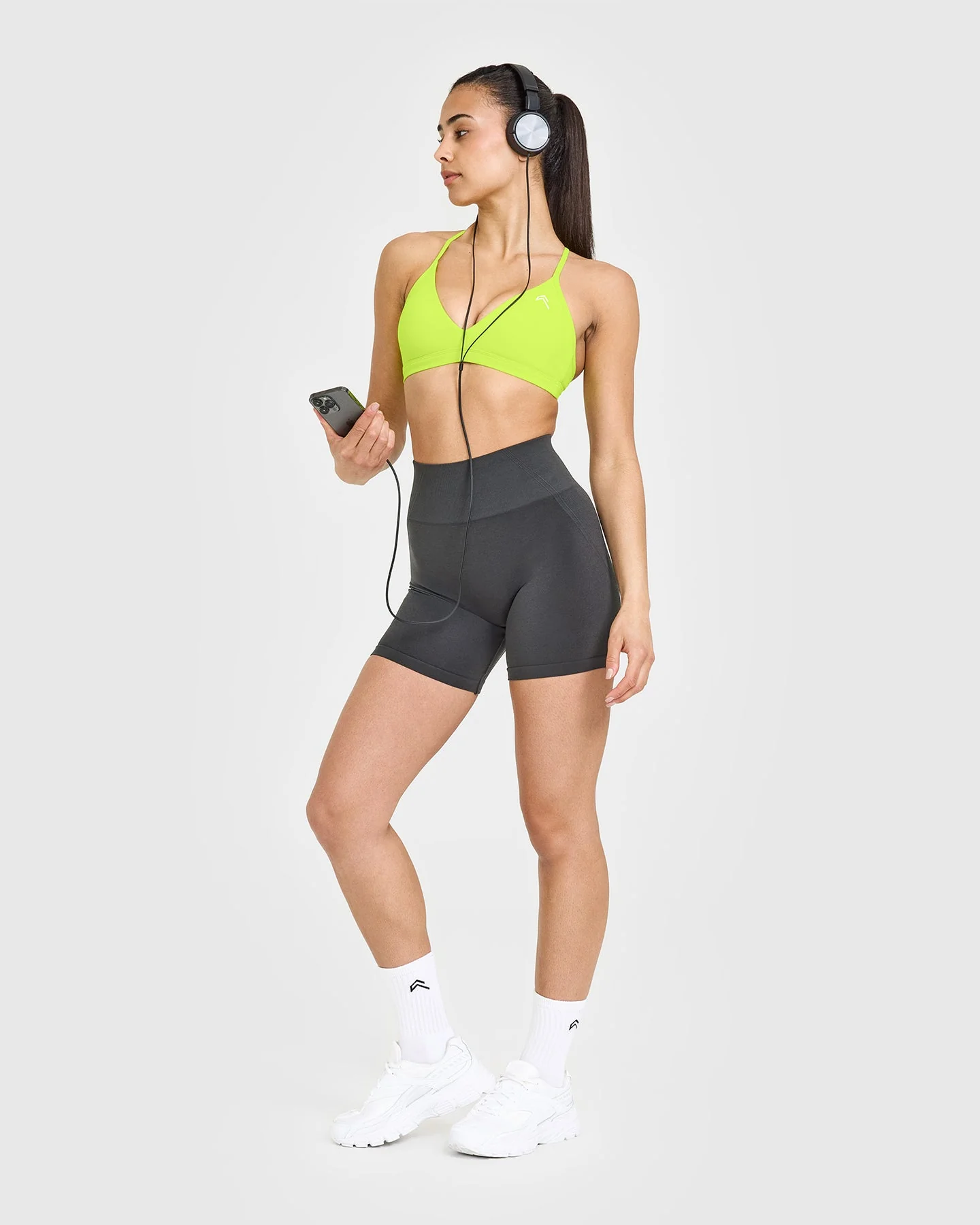 EasyLift™ Ultra Minimal V Neck Bralette with White Logo | Charged Lime Green - Image 2