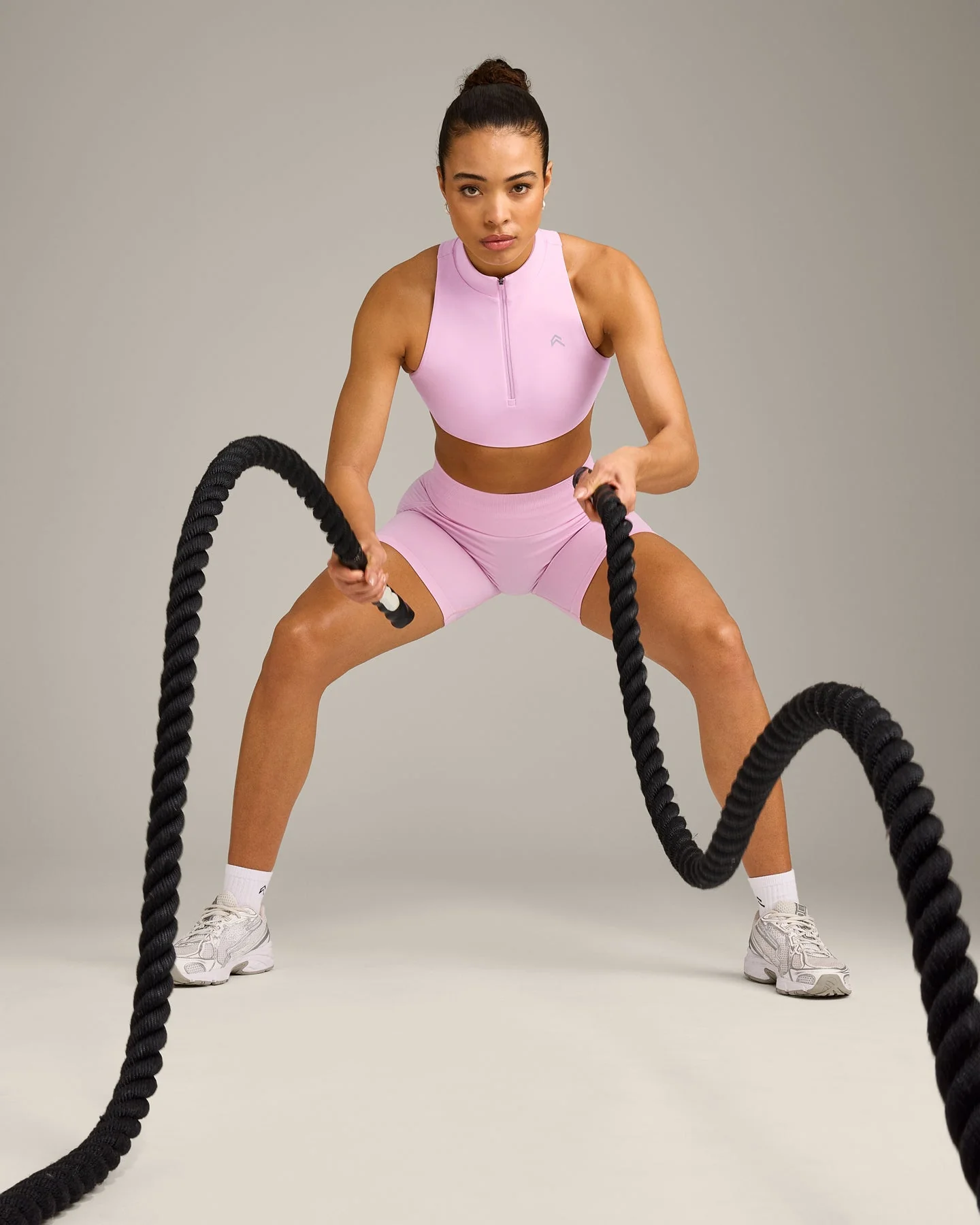 EasyLift™ Zip High Neck Sports Bra with Grey Logo | Chalk Pink - Image 6