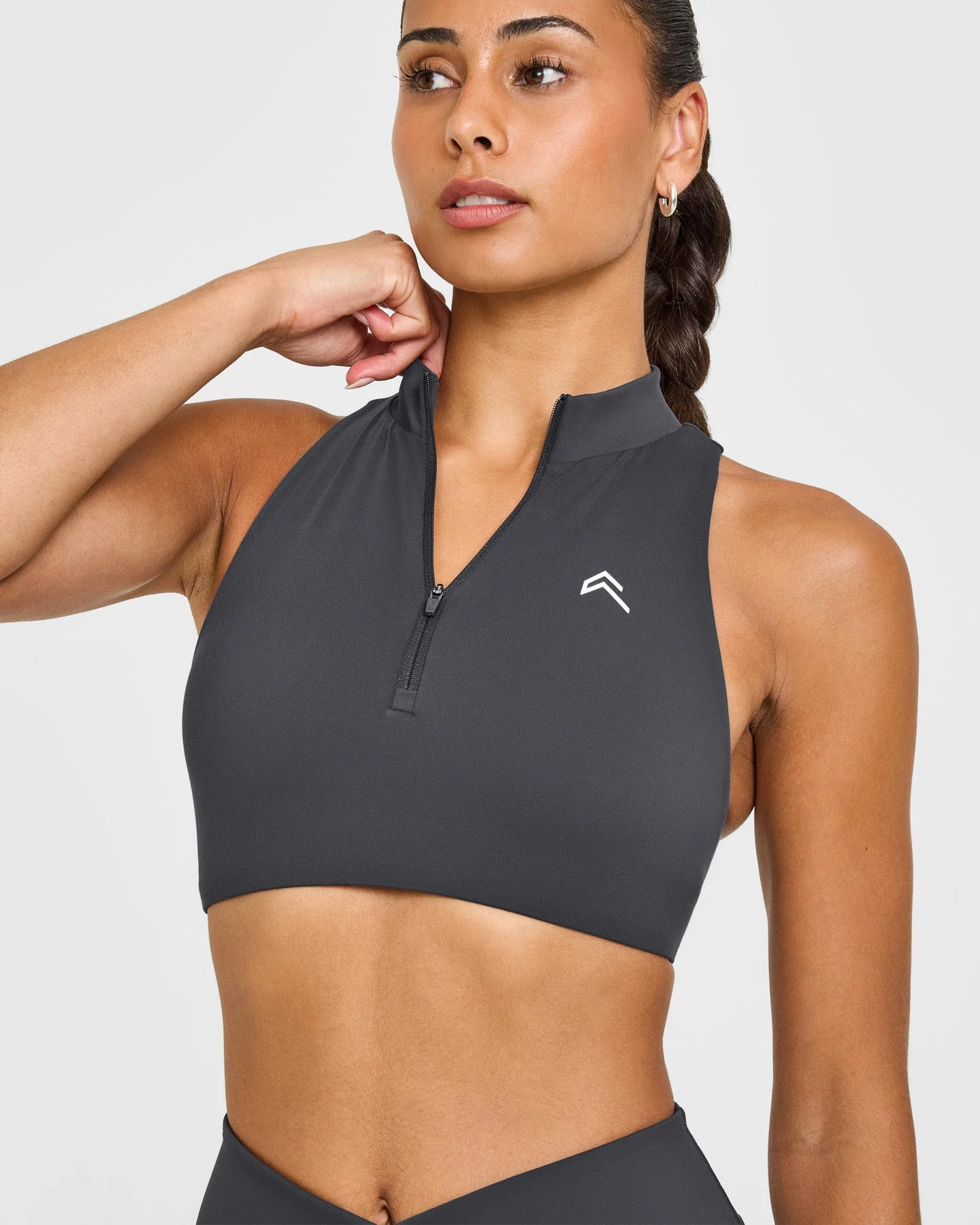 EasyLift™ Zip High Neck Sports Bra with White Logo | Coal - Image 5