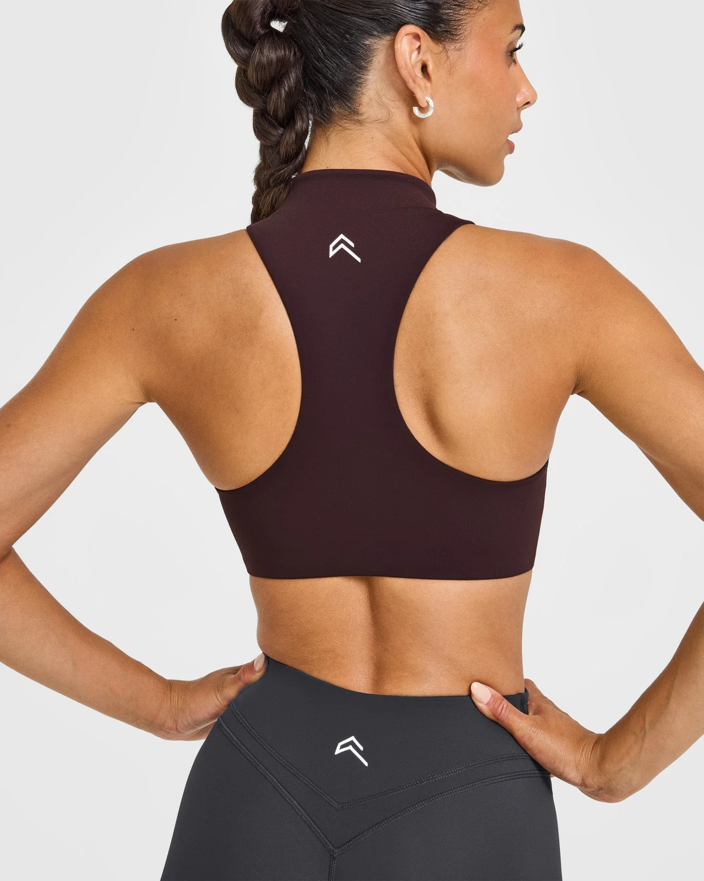 EasyLift™ Zip High Neck Sports Bra with White Logo | Plum Brown - Image 4