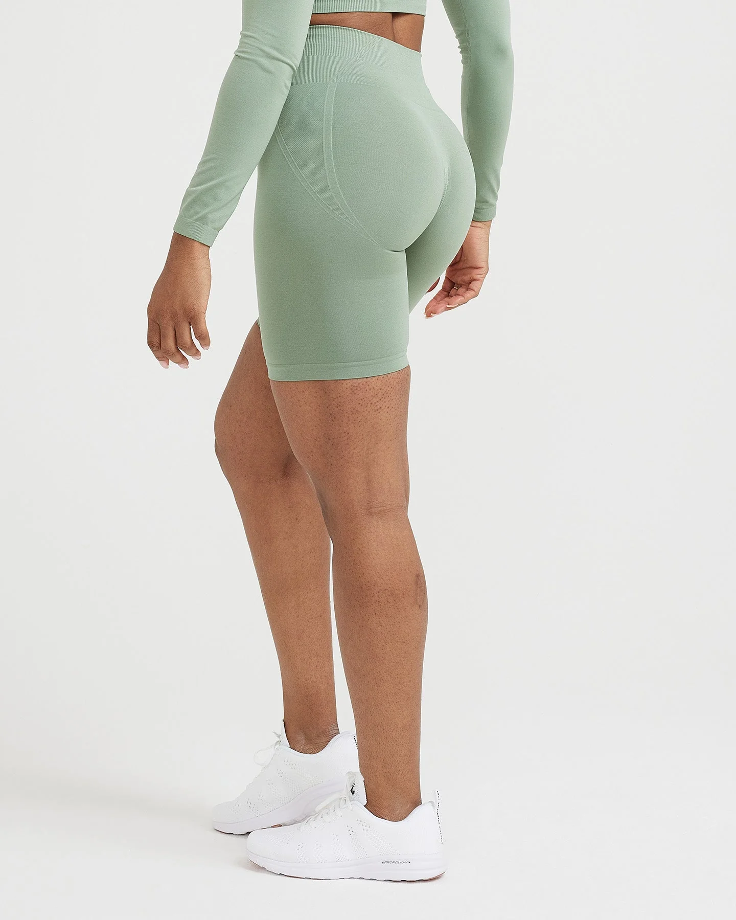 EffortlessLift™ Seamless Cycling Shorts with White Logo | Sage - Image 4