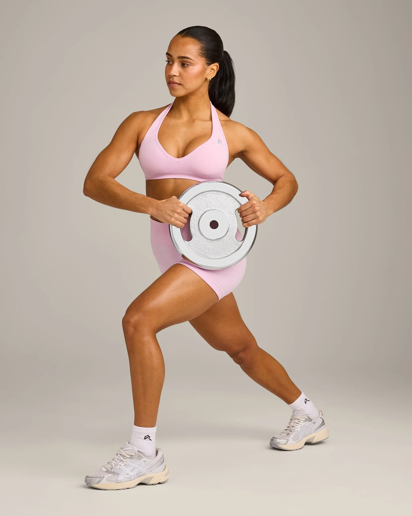 EffortlessLift™ Seamless Halter Neck Sports Bra with Grey Logo | Chalk Pink - Image 3