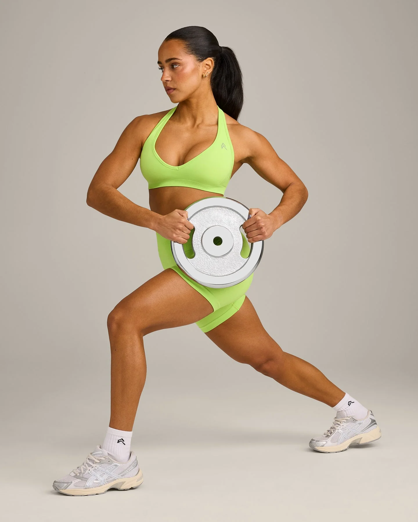 EffortlessLift™ Seamless Halter Neck Sports Bra with Grey Logo | Citrus Green - Image 3