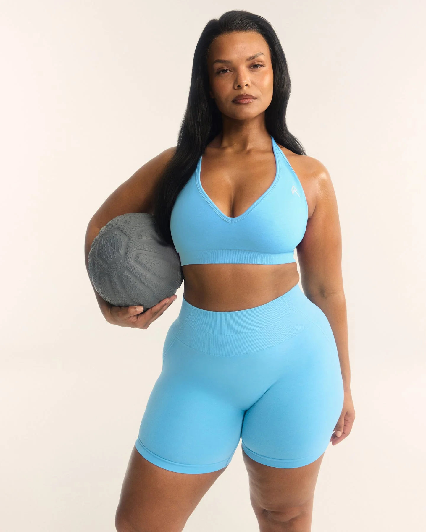 EffortlessLift™ Seamless Halter Neck Sports Bra with White Logo | Arctic Blue - Image 2