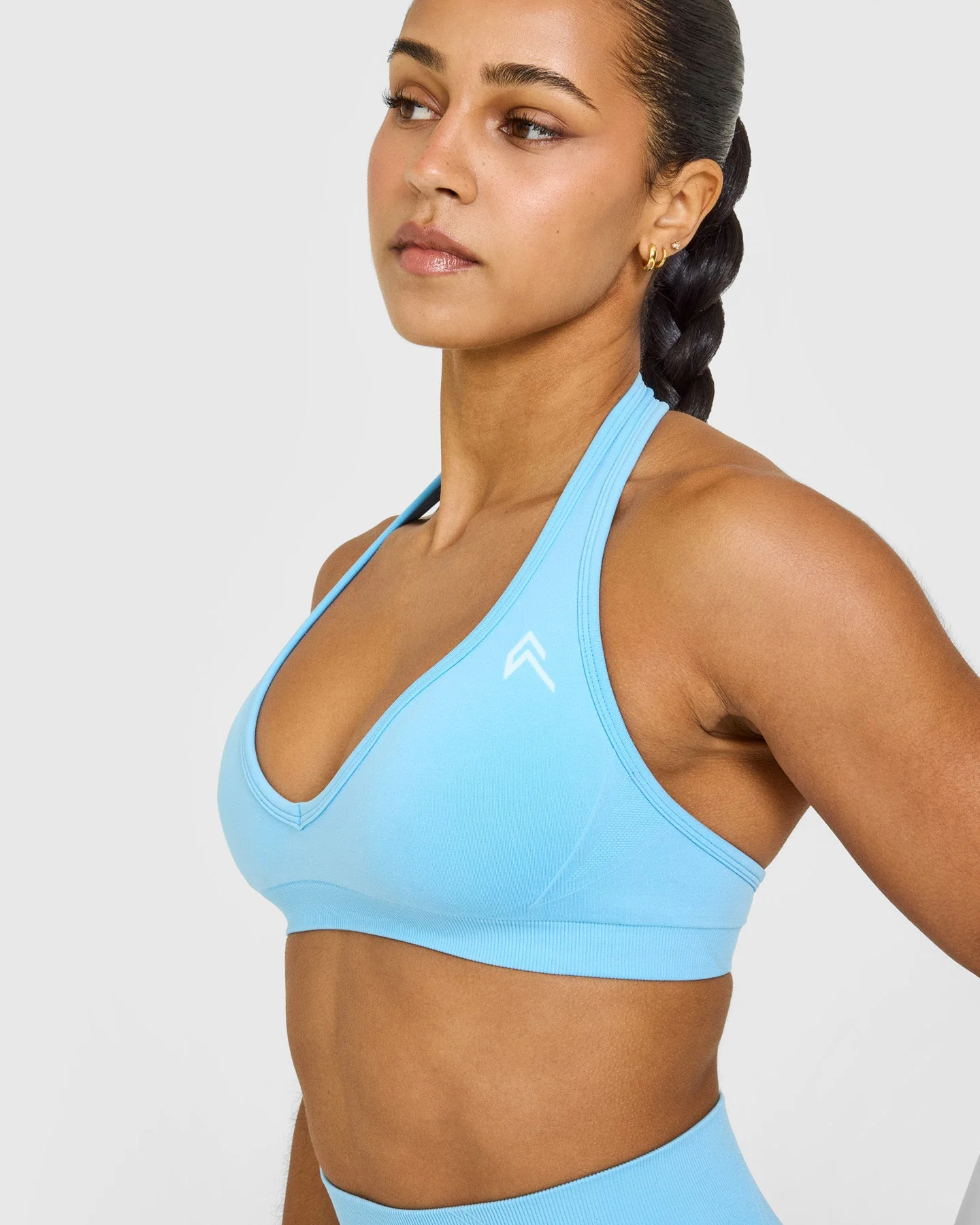 EffortlessLift™ Seamless Halter Neck Sports Bra with White Logo | Arctic Blue - Image 5