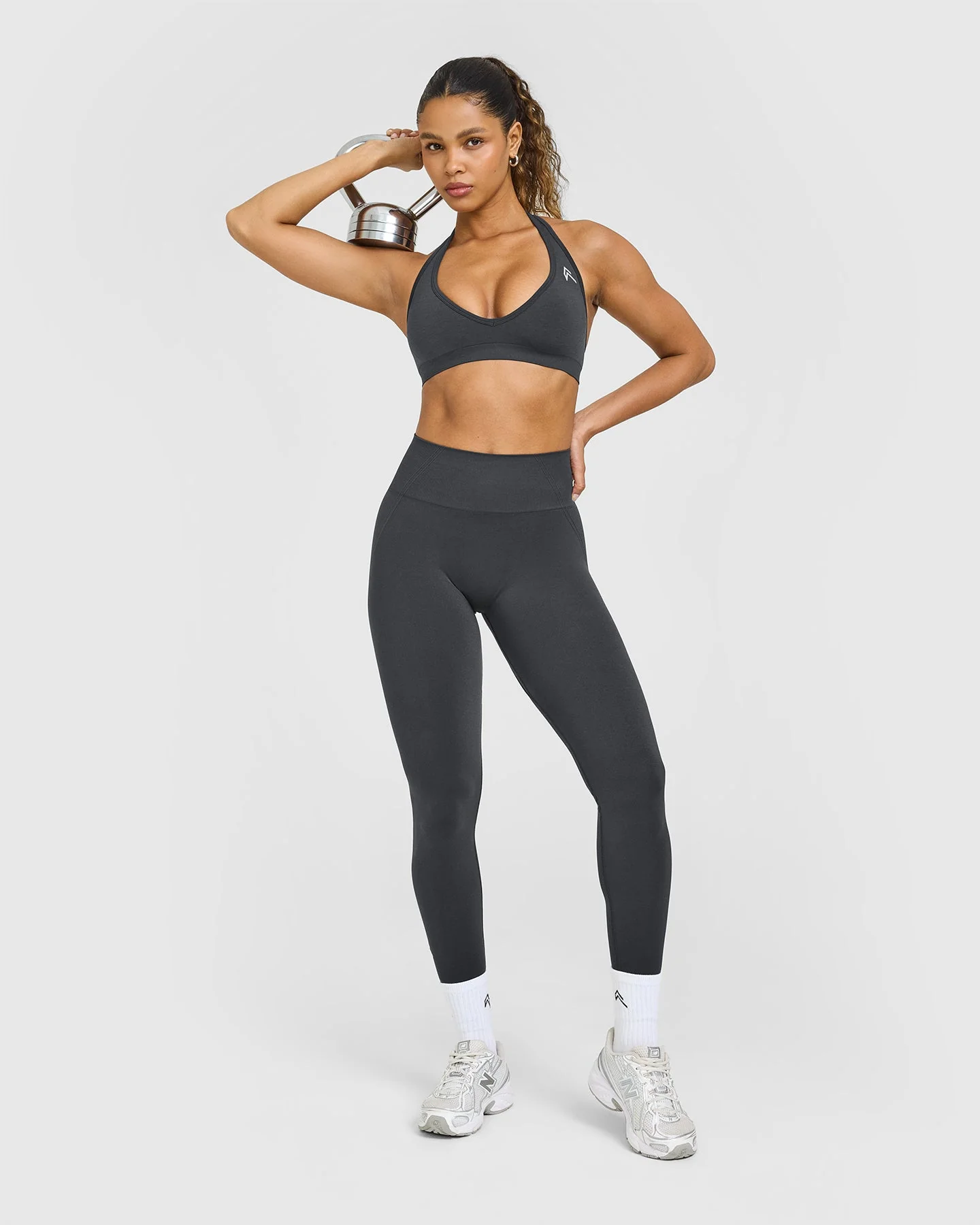 EffortlessLift™ Seamless Halter Neck Sports Bra with White Logo | Coal - Image 3