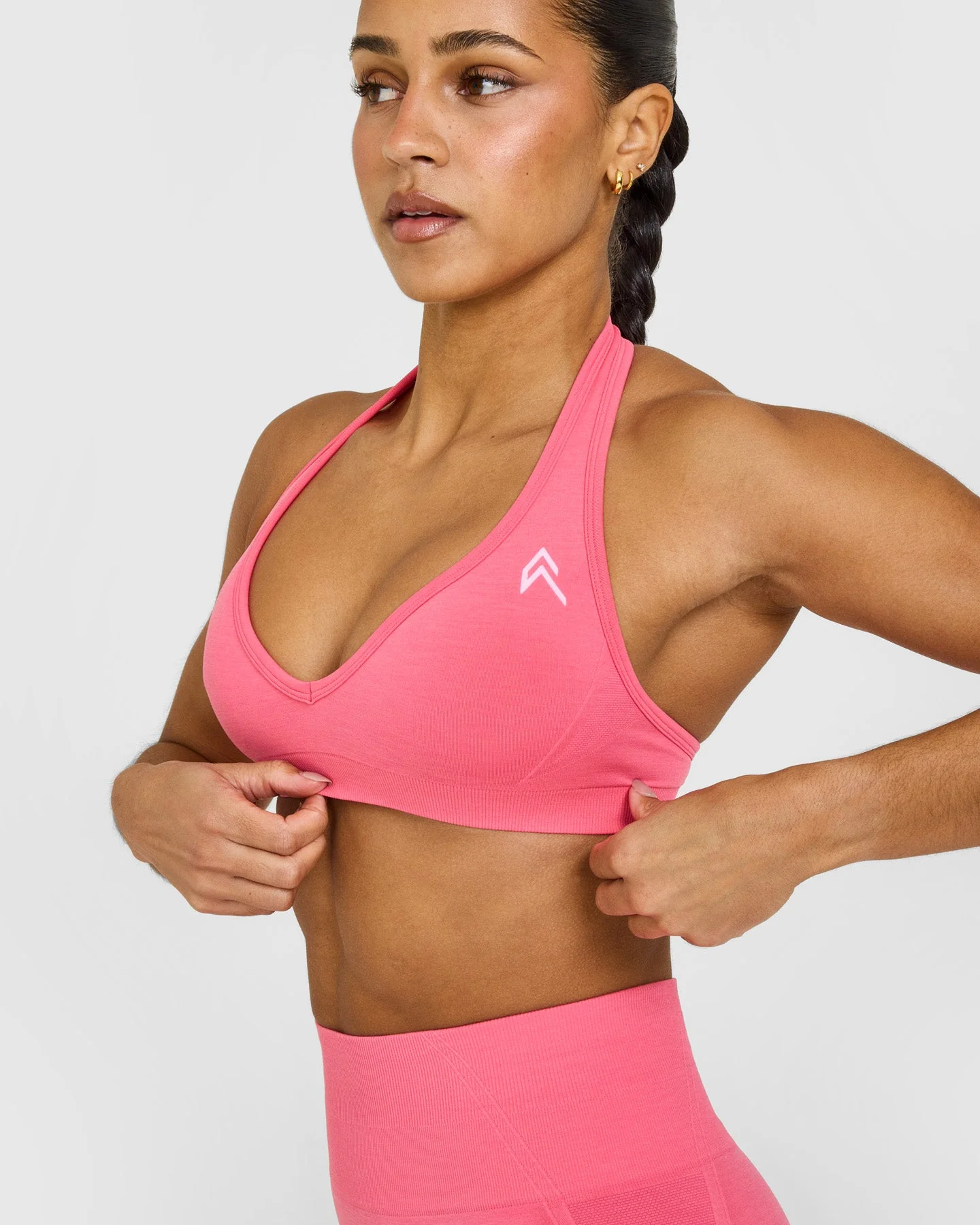 EffortlessLift™ Seamless Halter Neck Sports Bra with White Logo | Hot Girl Pink - Image 4