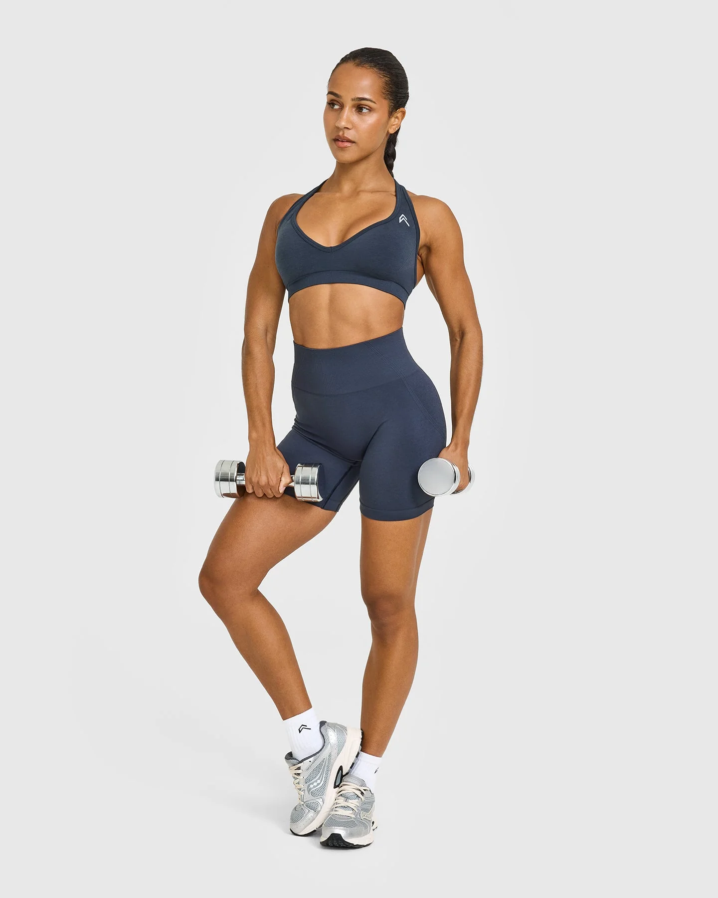 EffortlessLift™ Seamless Halter Neck Sports Bra with White Logo | True Blue - Image 3
