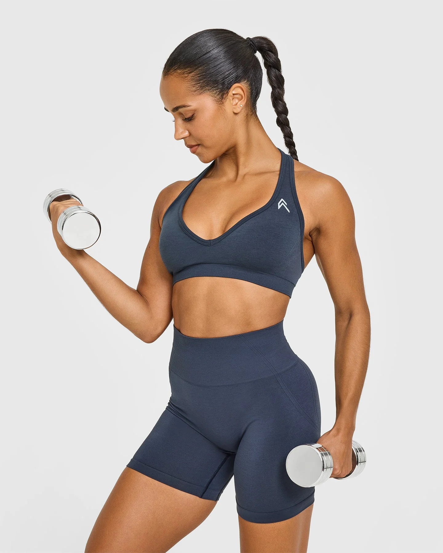 EffortlessLift™ Seamless Halter Neck Sports Bra with White Logo | True Blue - Image 4