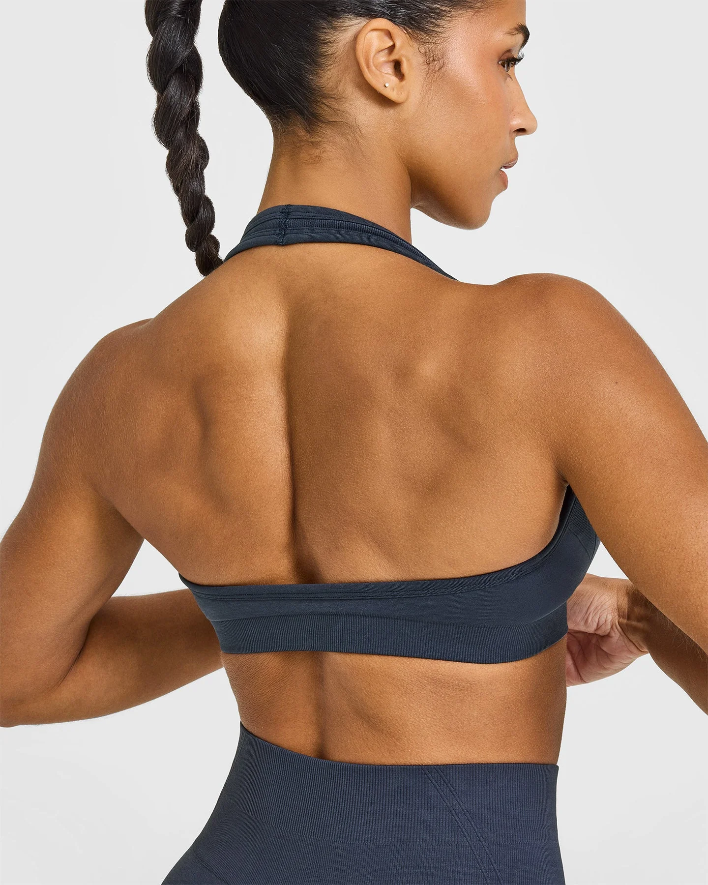 EffortlessLift™ Seamless Halter Neck Sports Bra with White Logo | True Blue - Image 6