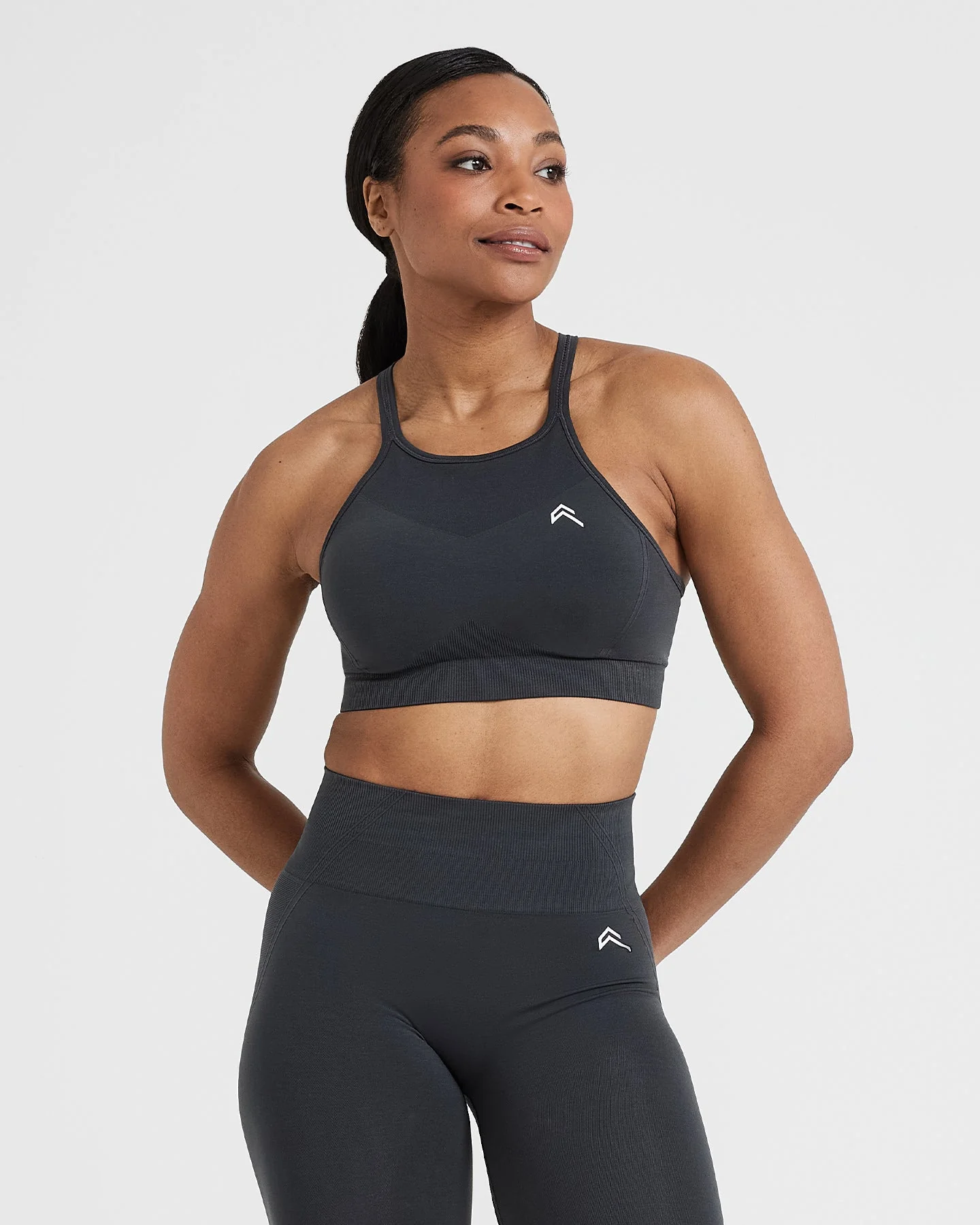 EffortlessLift™ Seamless High Neck Bralette with White Logo | Coal
