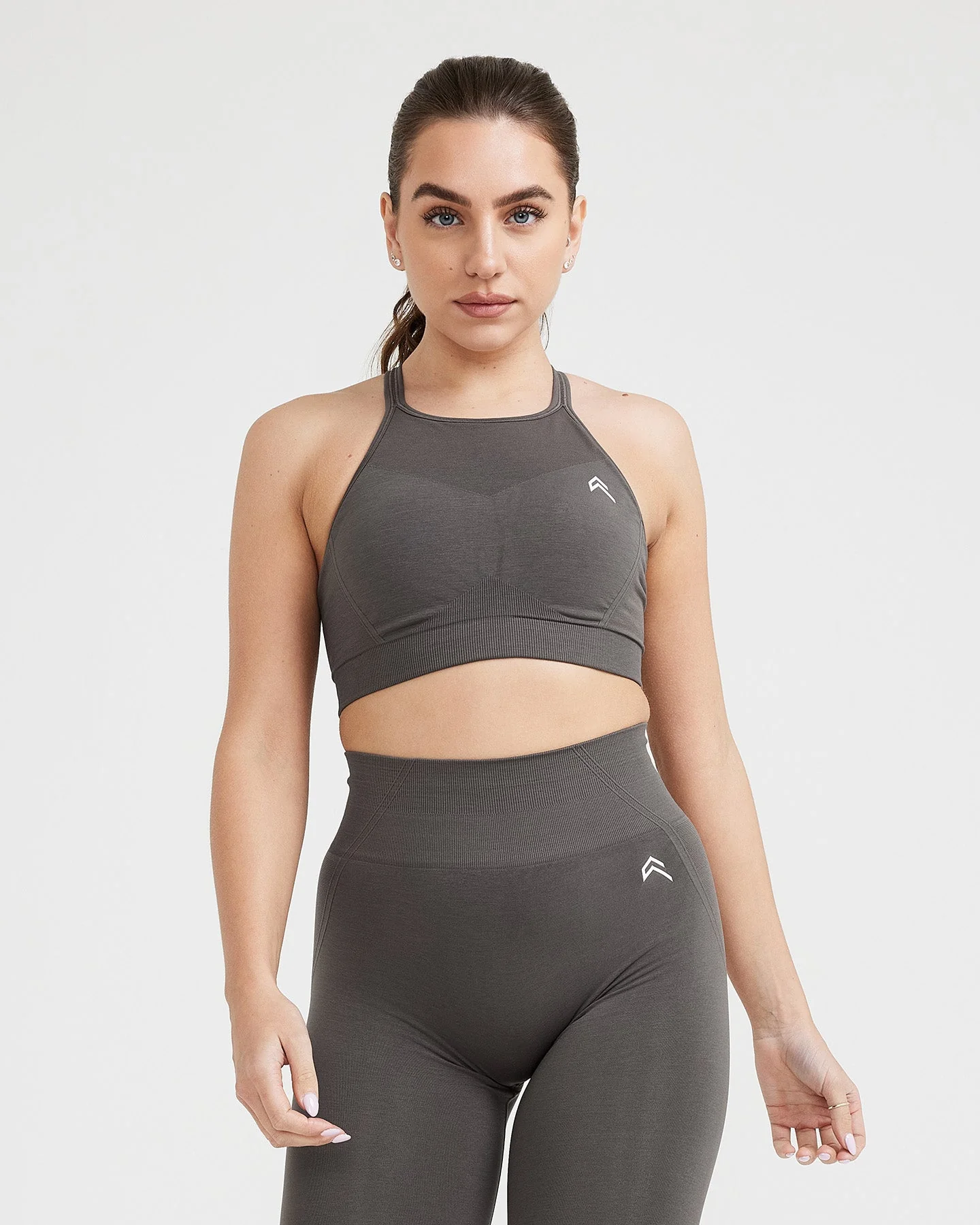 EffortlessLift™ Seamless High Neck Bralette with White Logo | Deep Taupe