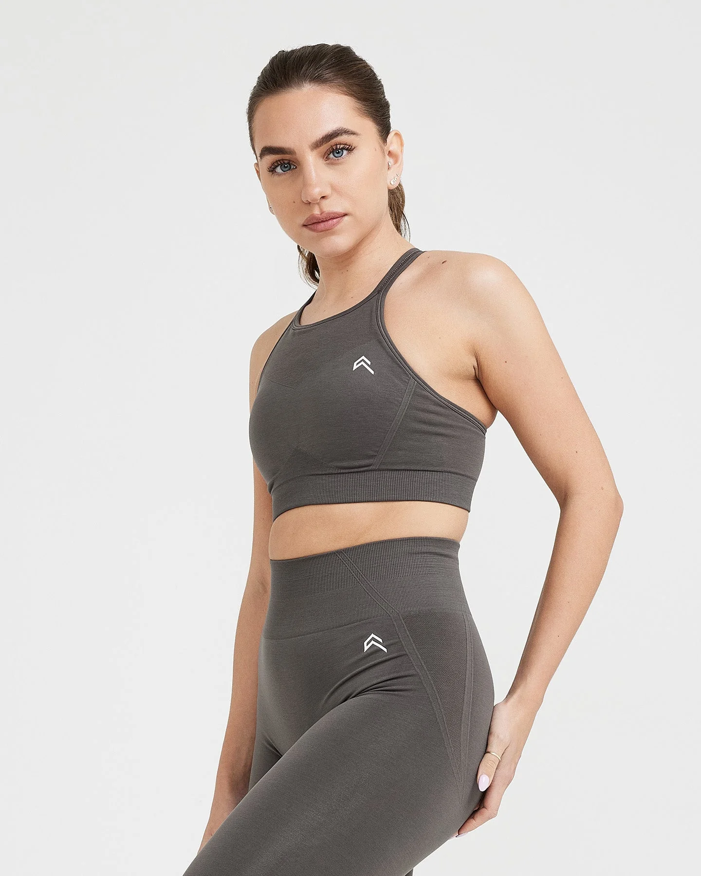 EffortlessLift™ Seamless High Neck Bralette with White Logo | Deep Taupe - Image 2