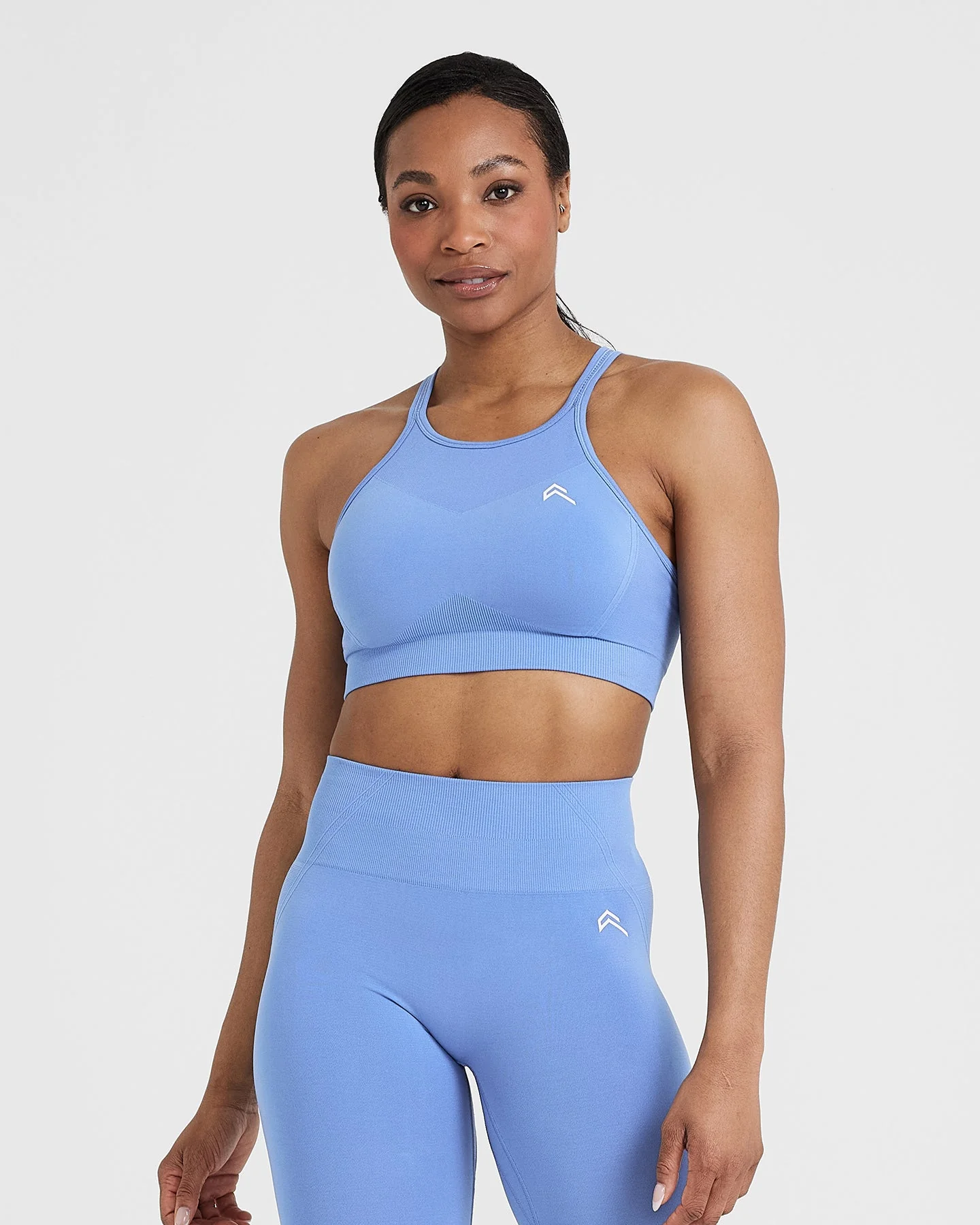 EffortlessLift™ Seamless High Neck Bralette with White Logo | Light Denim