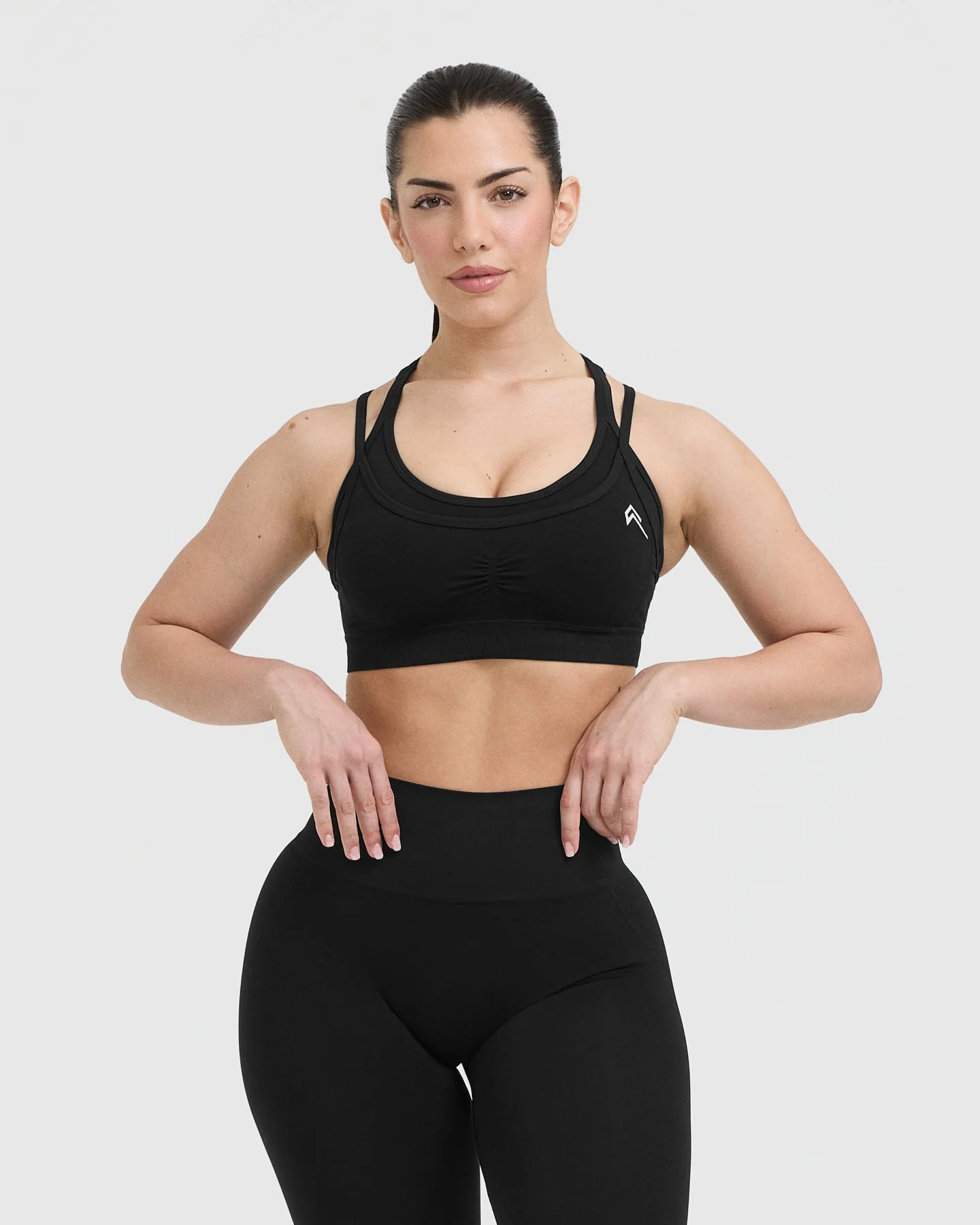 EffortlessLift™ Seamless Layered Sports Bra with White Logo | Black