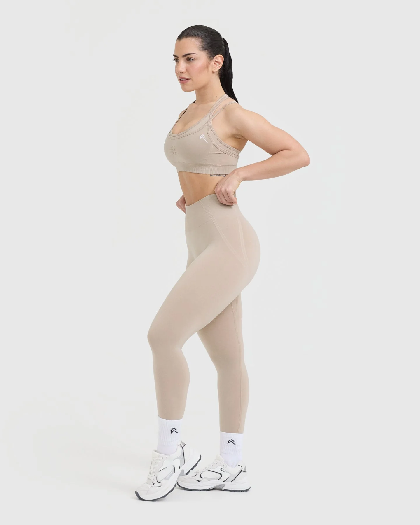 EffortlessLift™ Seamless Layered Sports Bra with White Logo | Mushroom Brown - Image 3