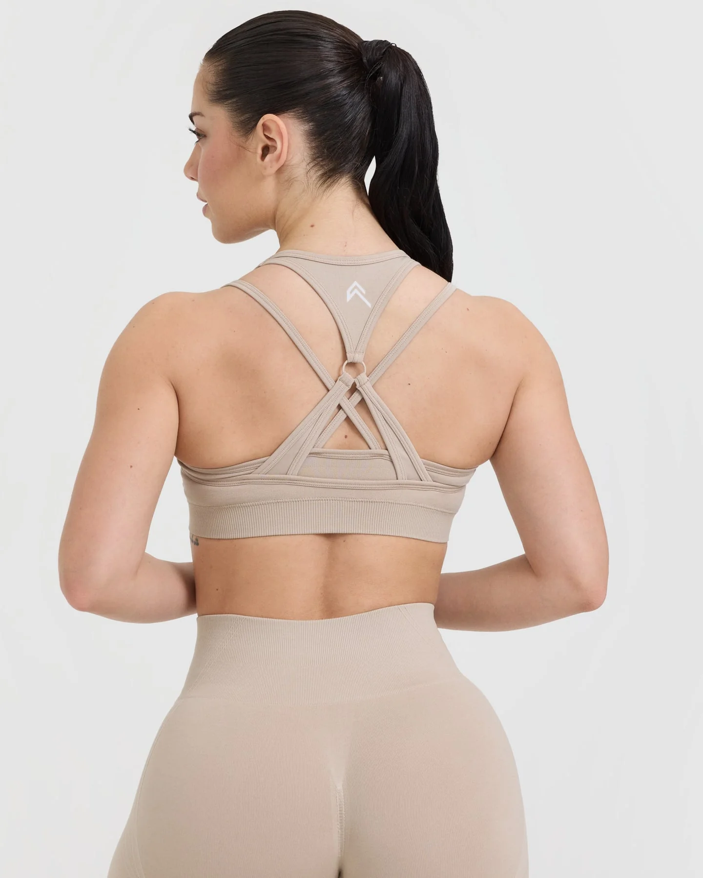 EffortlessLift™ Seamless Layered Sports Bra with White Logo | Mushroom Brown - Image 5