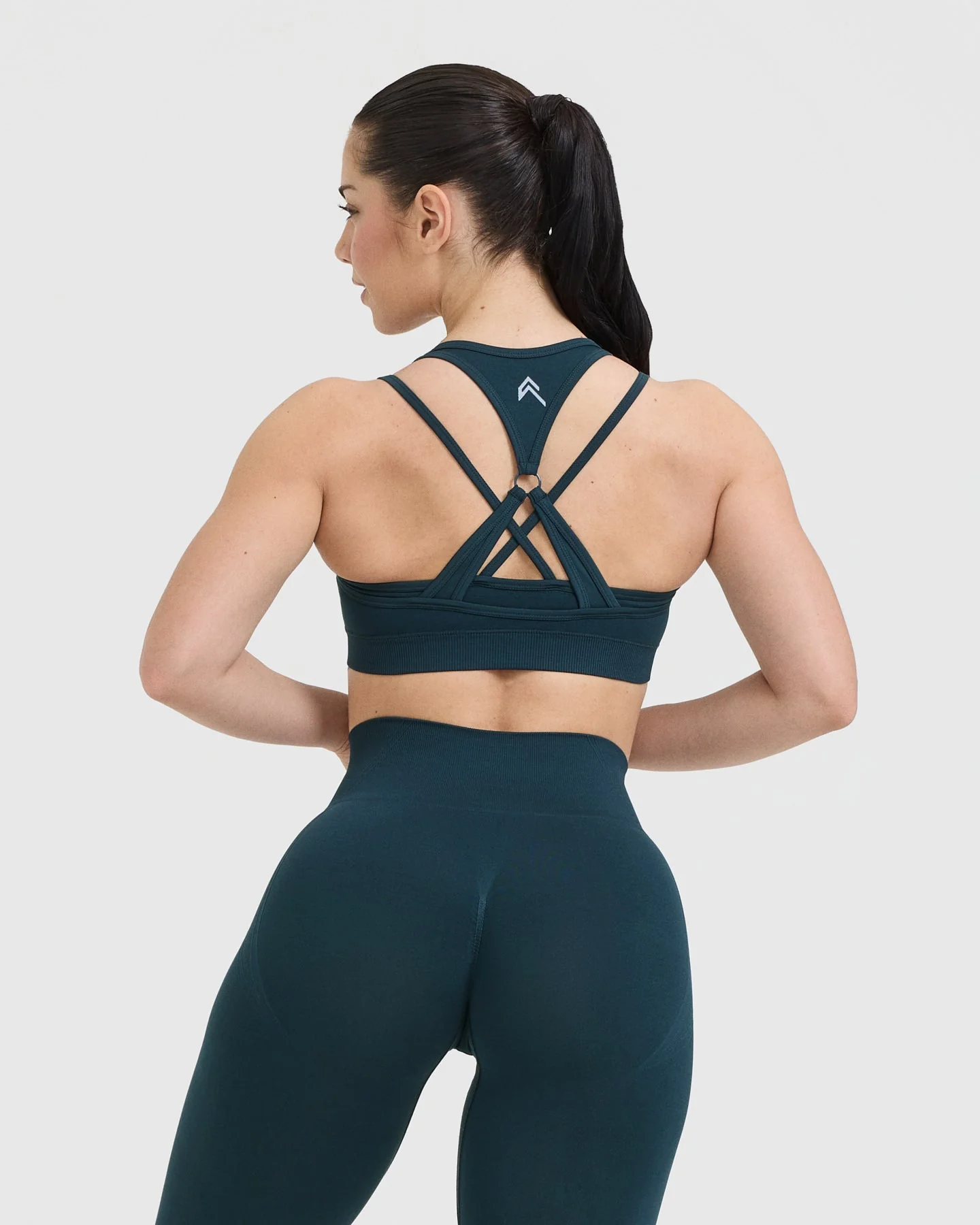 EffortlessLift™ Seamless Layered Sports Bra with White Logo | Oil Blue - Image 2