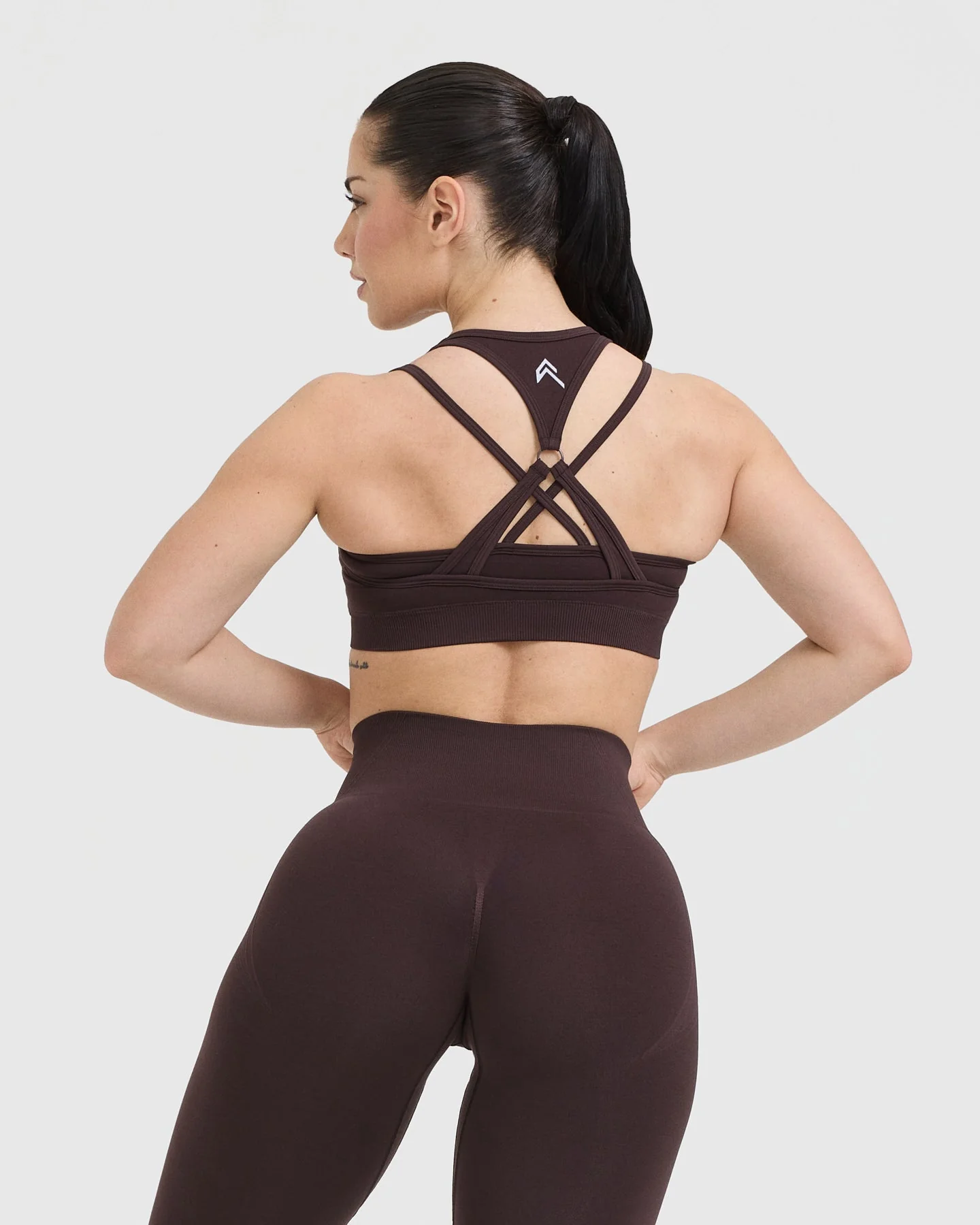 EffortlessLift™ Seamless Layered Sports Bra with White Logo | Plum Brown - Image 2