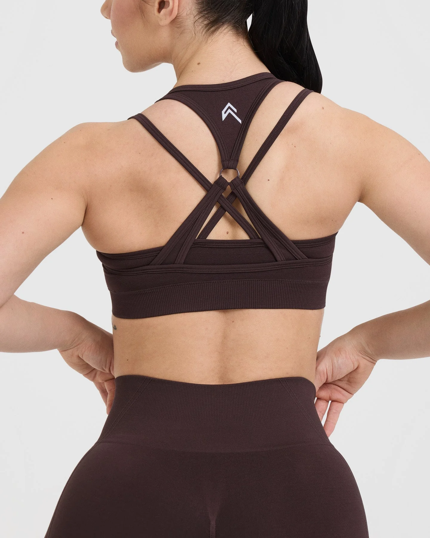 EffortlessLift™ Seamless Layered Sports Bra with White Logo | Plum Brown - Image 5
