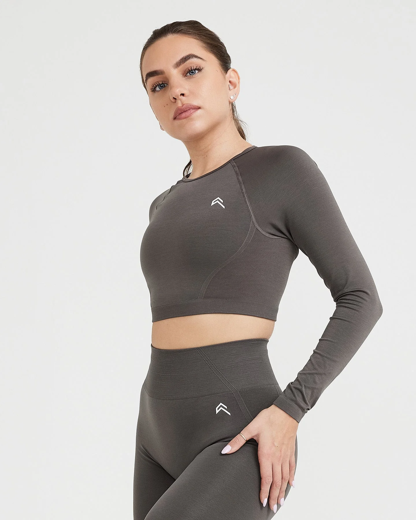 EffortlessLift™ Seamless Long Sleeve Crop Top with White Logo | Deep Taupe - Image 2