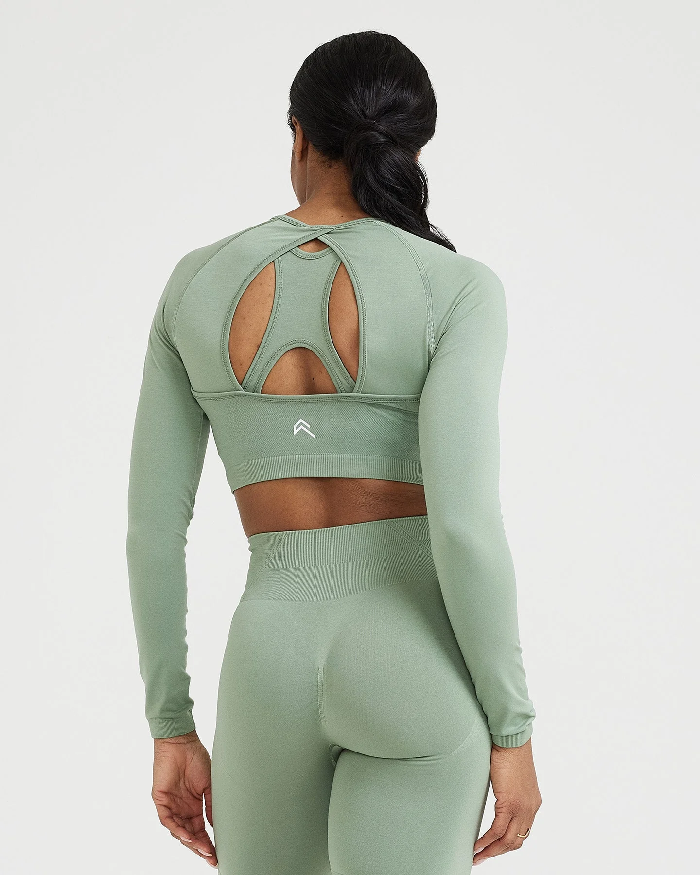 EffortlessLift™ Seamless Long Sleeve Crop Top with White Logo | Sage - Image 4