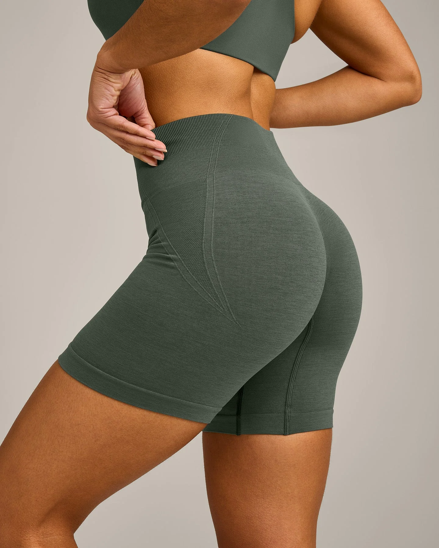 EffortlessLift™ Seamless Mid Rise Shorts with Grey Logo | Dark Khaki - Image 4