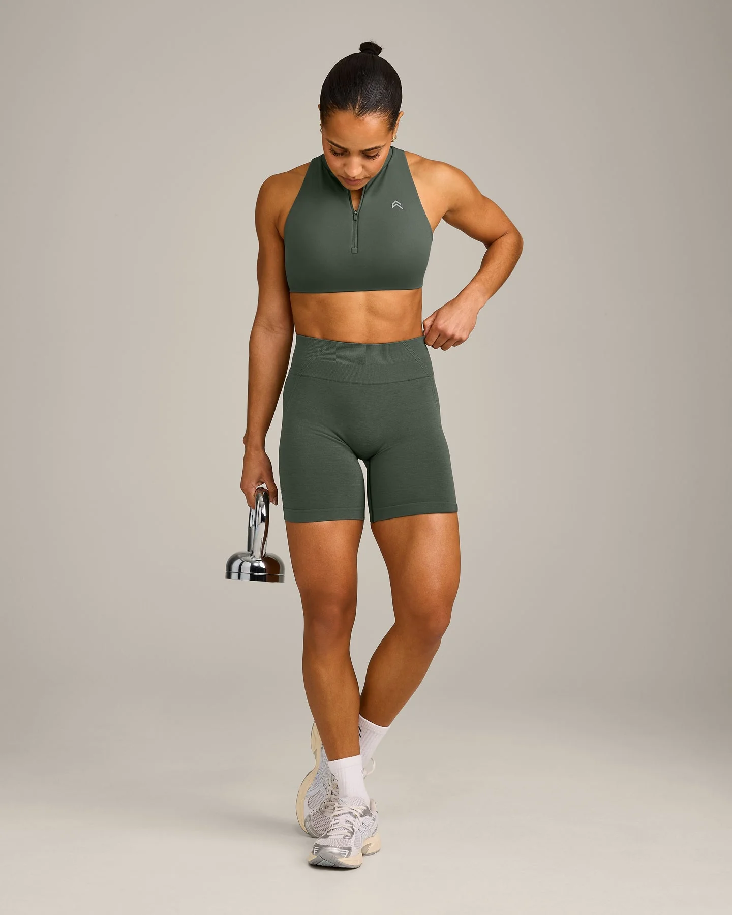 EffortlessLift™ Seamless Mid Rise Shorts with Grey Logo | Dark Khaki - Image 6