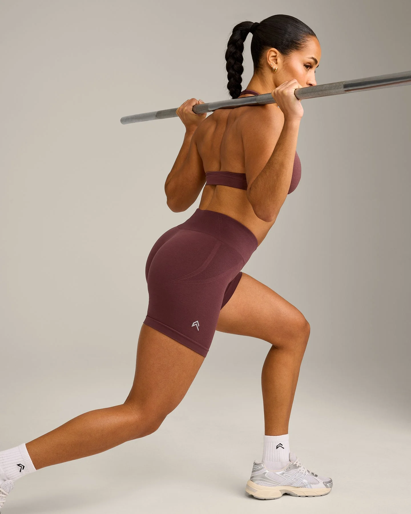 EffortlessLift™ Seamless Mid Rise Shorts with Grey Logo | Velvet Mocha - Image 6