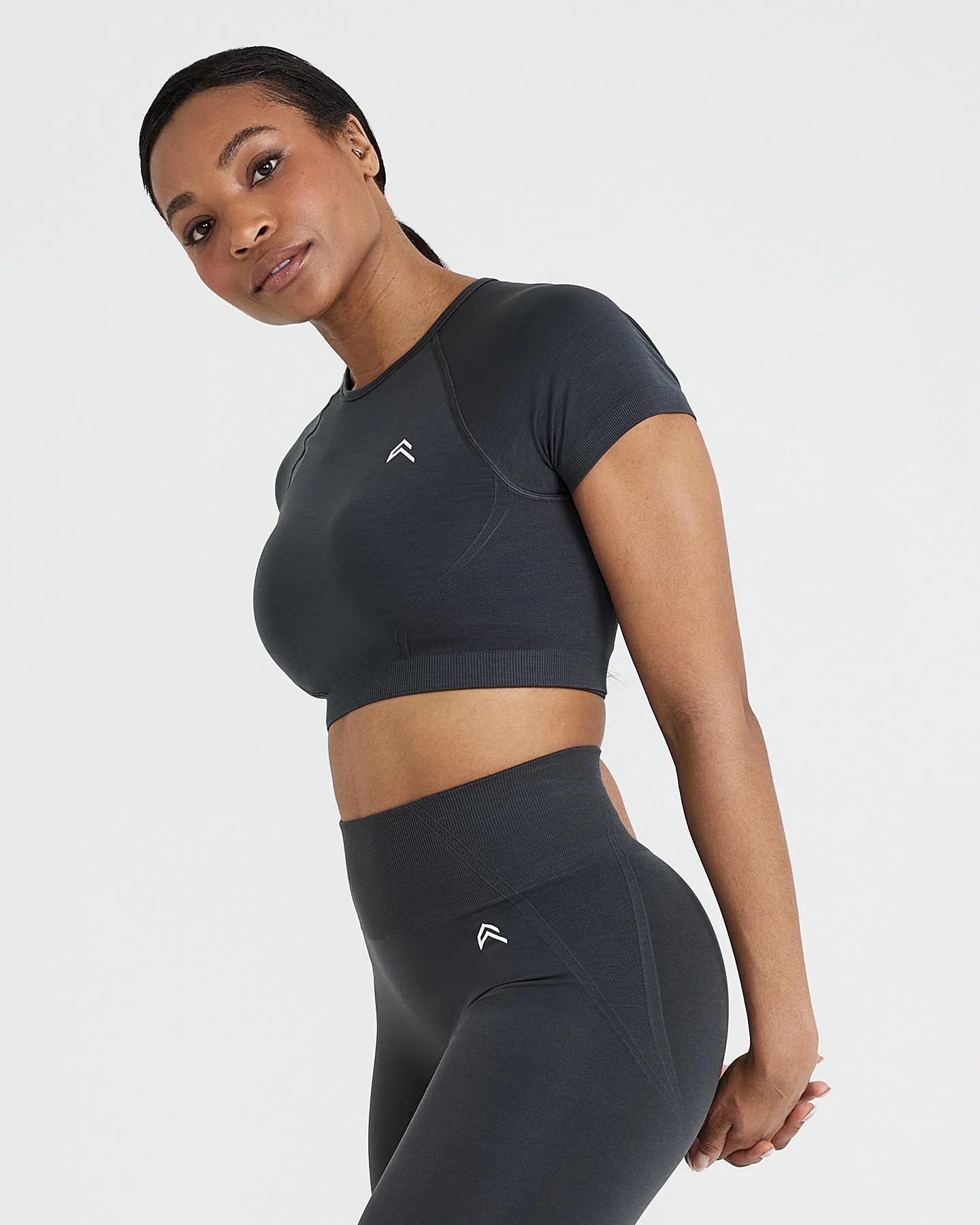 EffortlessLift™ Seamless Short Sleeve Crop Top with White Logo | Coal - Image 3