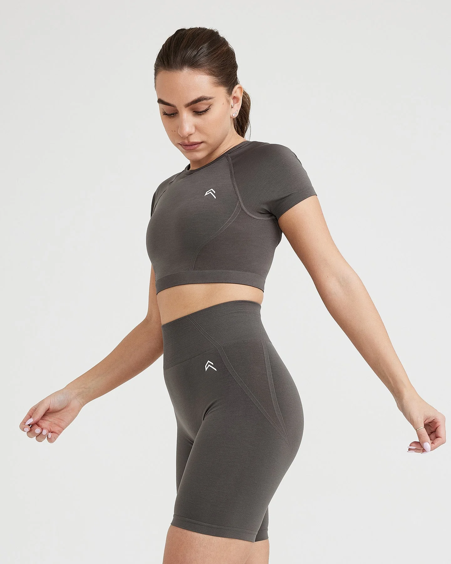 EffortlessLift™ Seamless Short Sleeve Crop Top with White Logo | Deep Taupe - Image 2