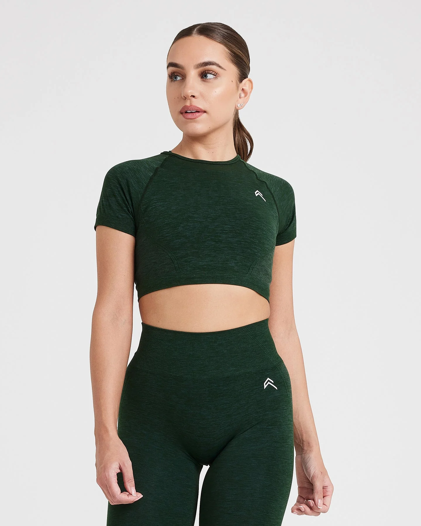 EffortlessLift™ Seamless Short Sleeve Crop Top with White Logo | Evergreen