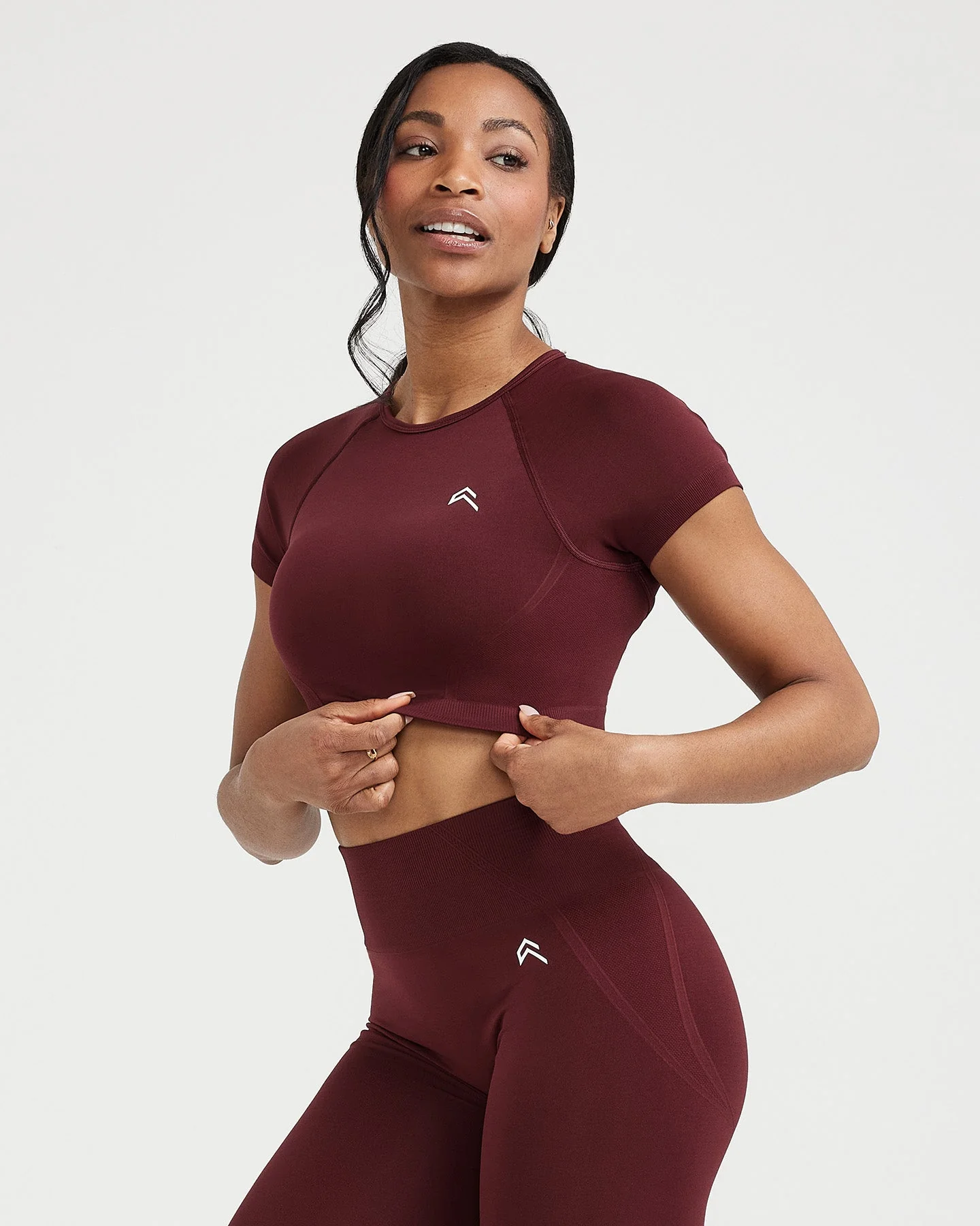 EffortlessLift™ Seamless Short Sleeve Crop Top with White Logo | Rosewood - Image 2