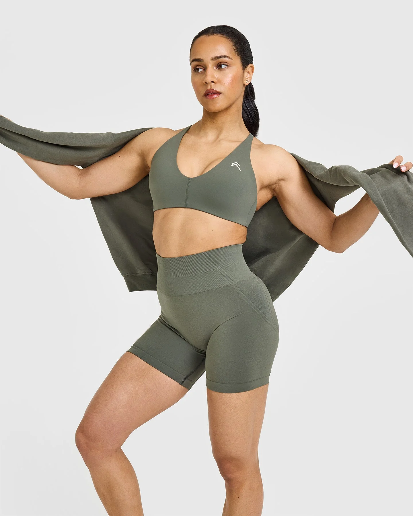 EffortlessLift™ Seamless Shorts with White Logo | Dark Khaki - Image 6