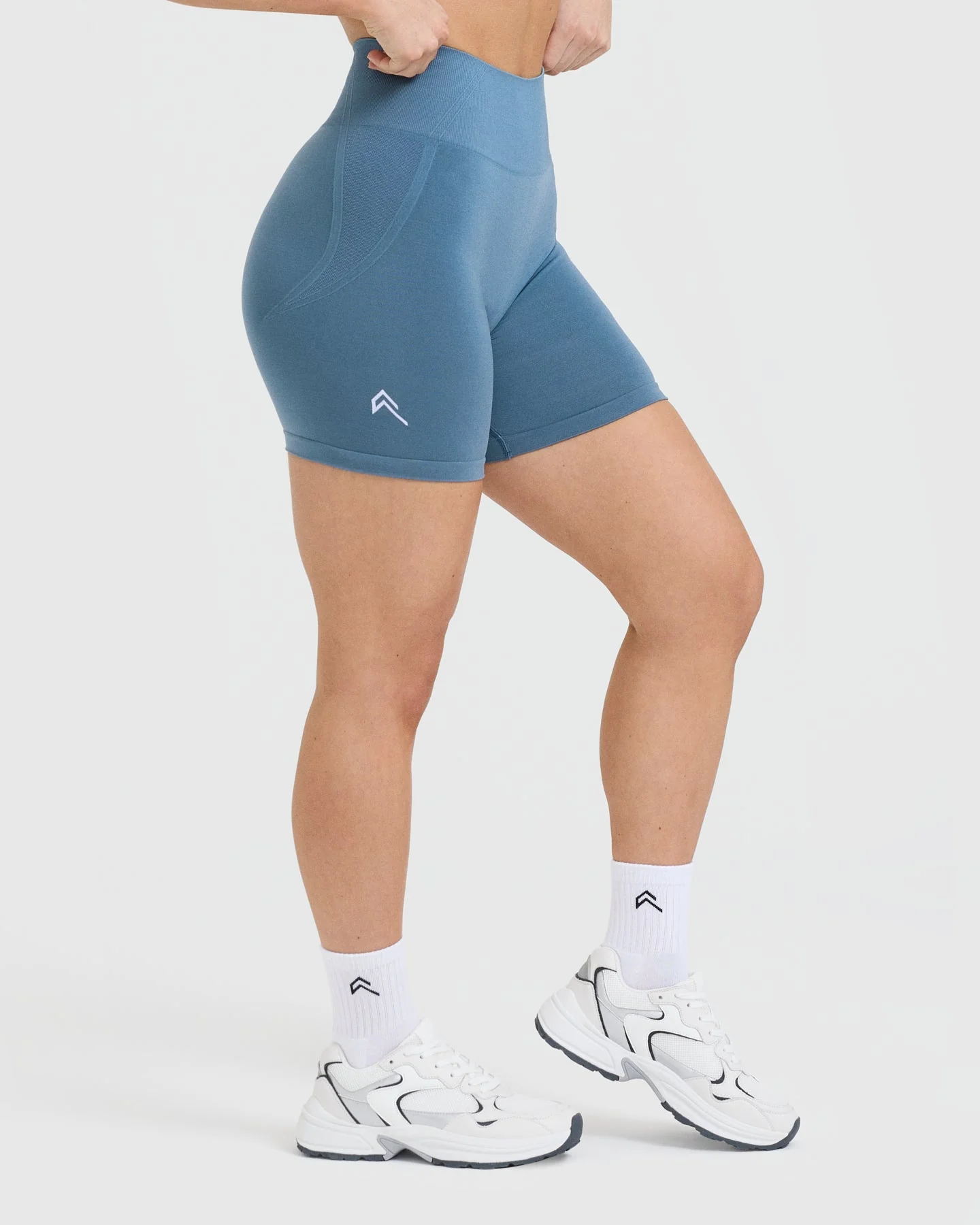 EffortlessLift™ Seamless Shorts with White Logo | Moonstone Blue - Image 3