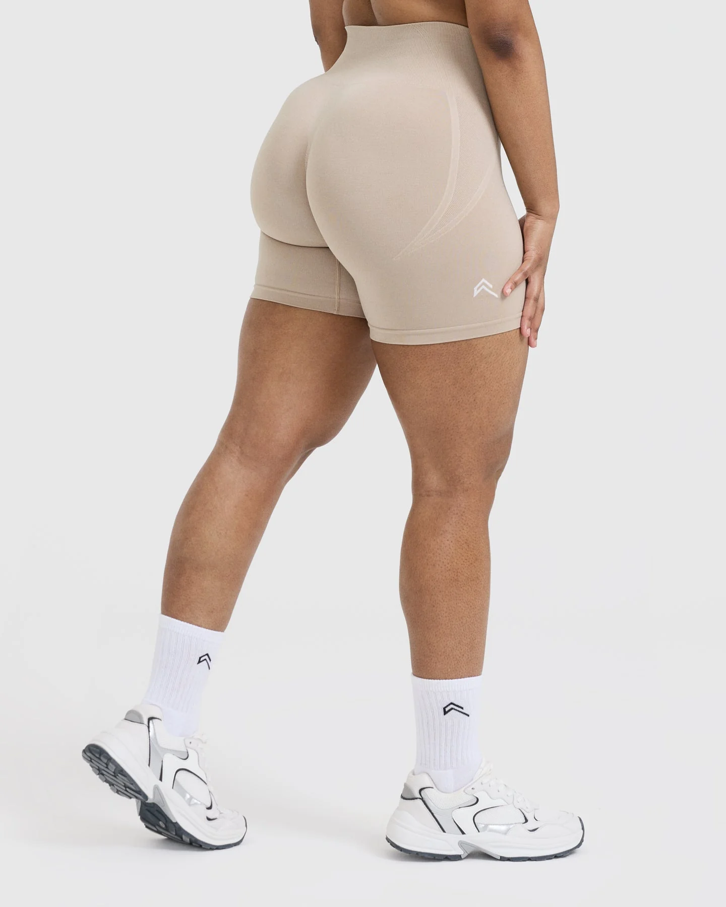 EffortlessLift™ Seamless Shorts with White Logo | Mushroom Brown - Image 2