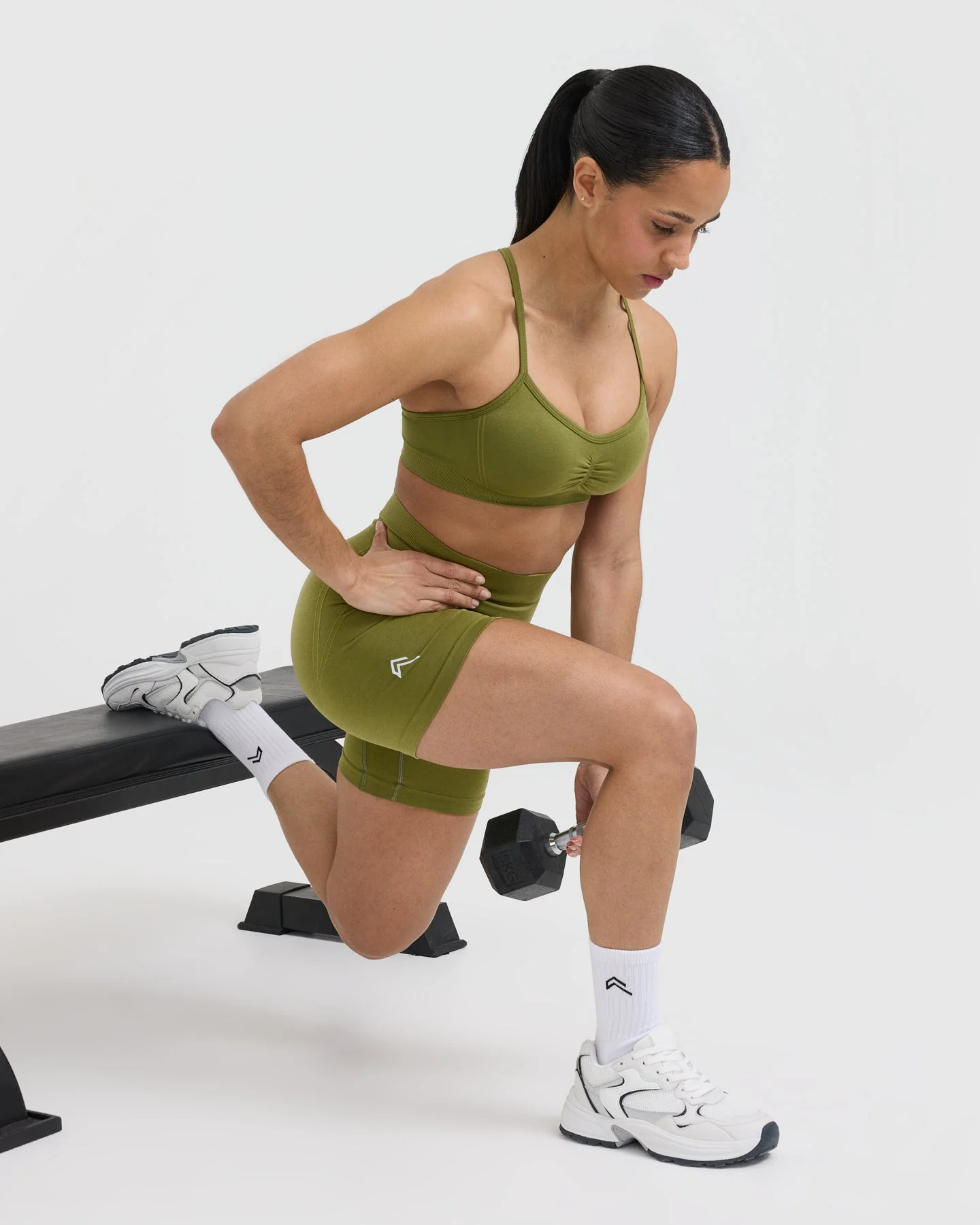 EffortlessLift™ Seamless Shorts with White Logo | Olive Green - Image 6