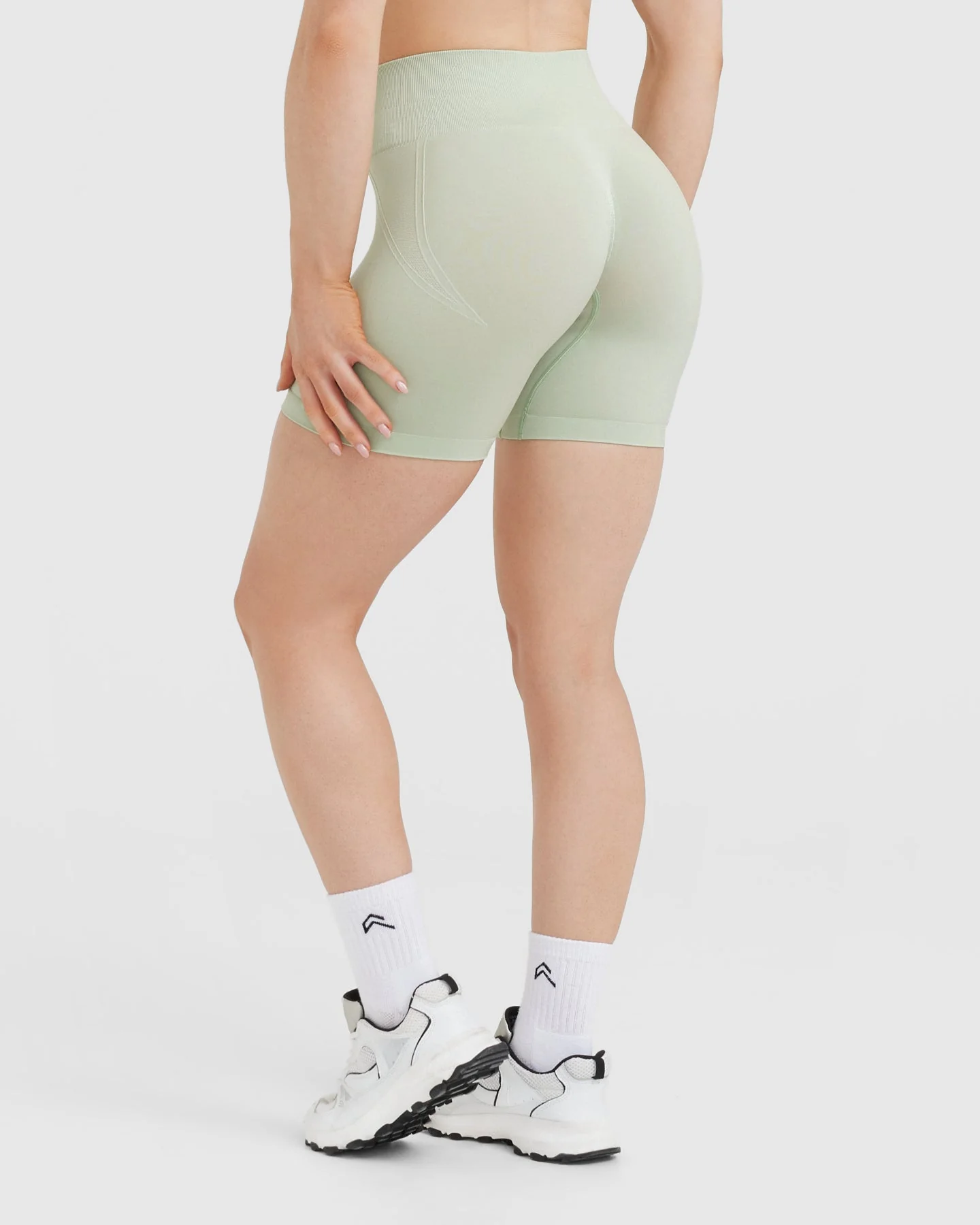 EffortlessLift™ Seamless Shorts with White Logo | Tea Green - Image 2