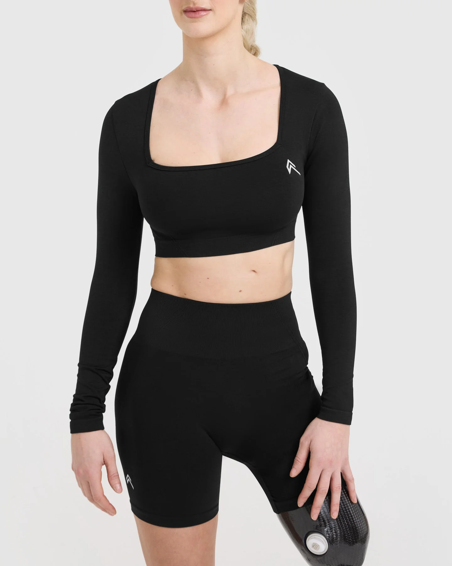 EffortlessLift™ Square Neck Crop Long Sleeve Top with White Logo | Black - Image 4