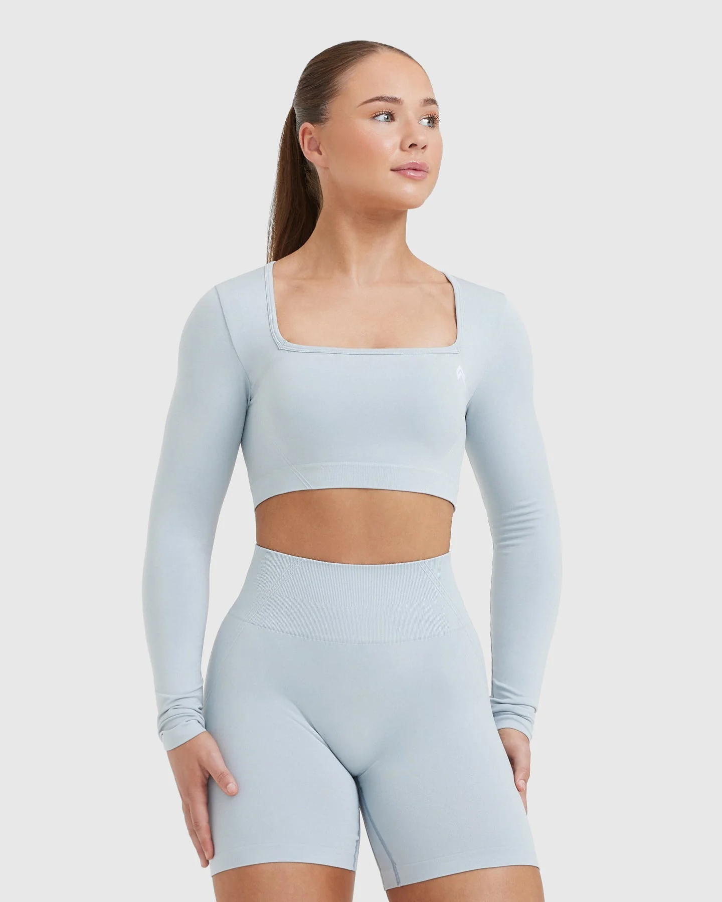 EffortlessLift™ Square Neck Crop Long Sleeve Top with White Logo | Ice Blue