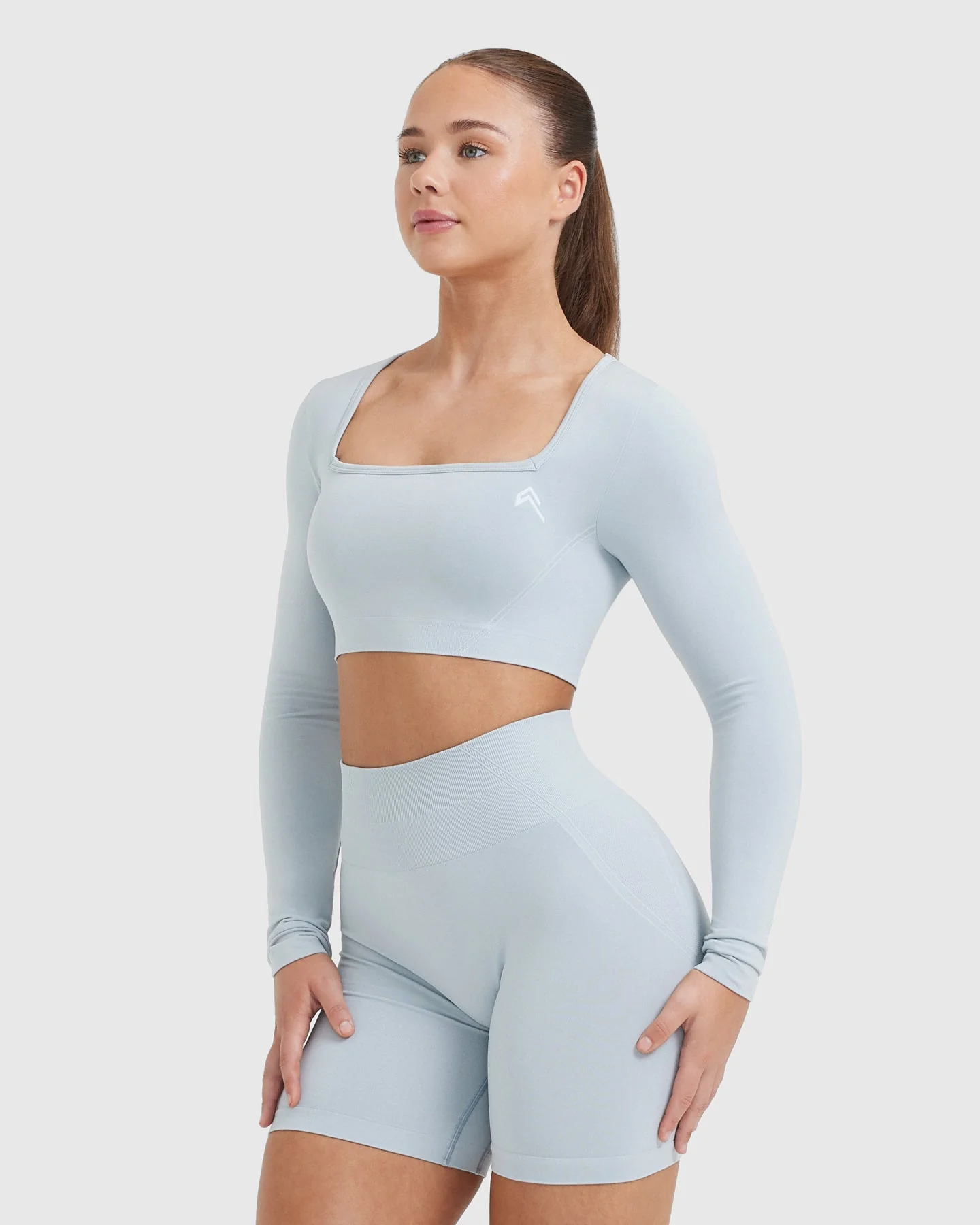 EffortlessLift™ Square Neck Crop Long Sleeve Top with White Logo | Ice Blue - Image 3